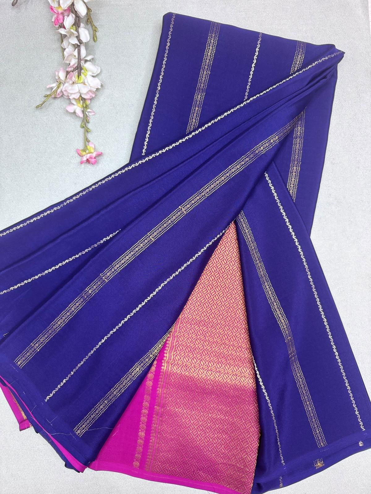 Navy Blue Stripes Pure Mysore Crepe Silk Saree 110