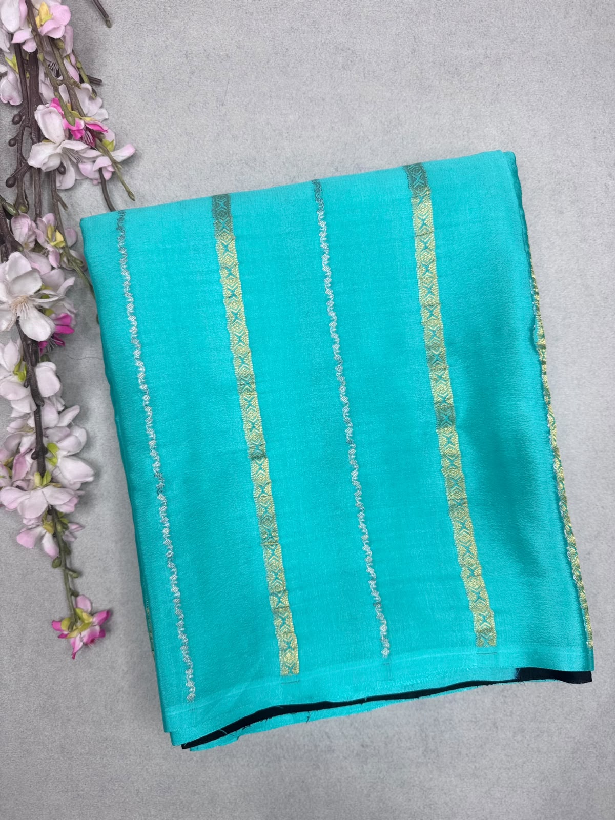 Sea Green Stripes Pure Mysore Crepe Silk Saree 110