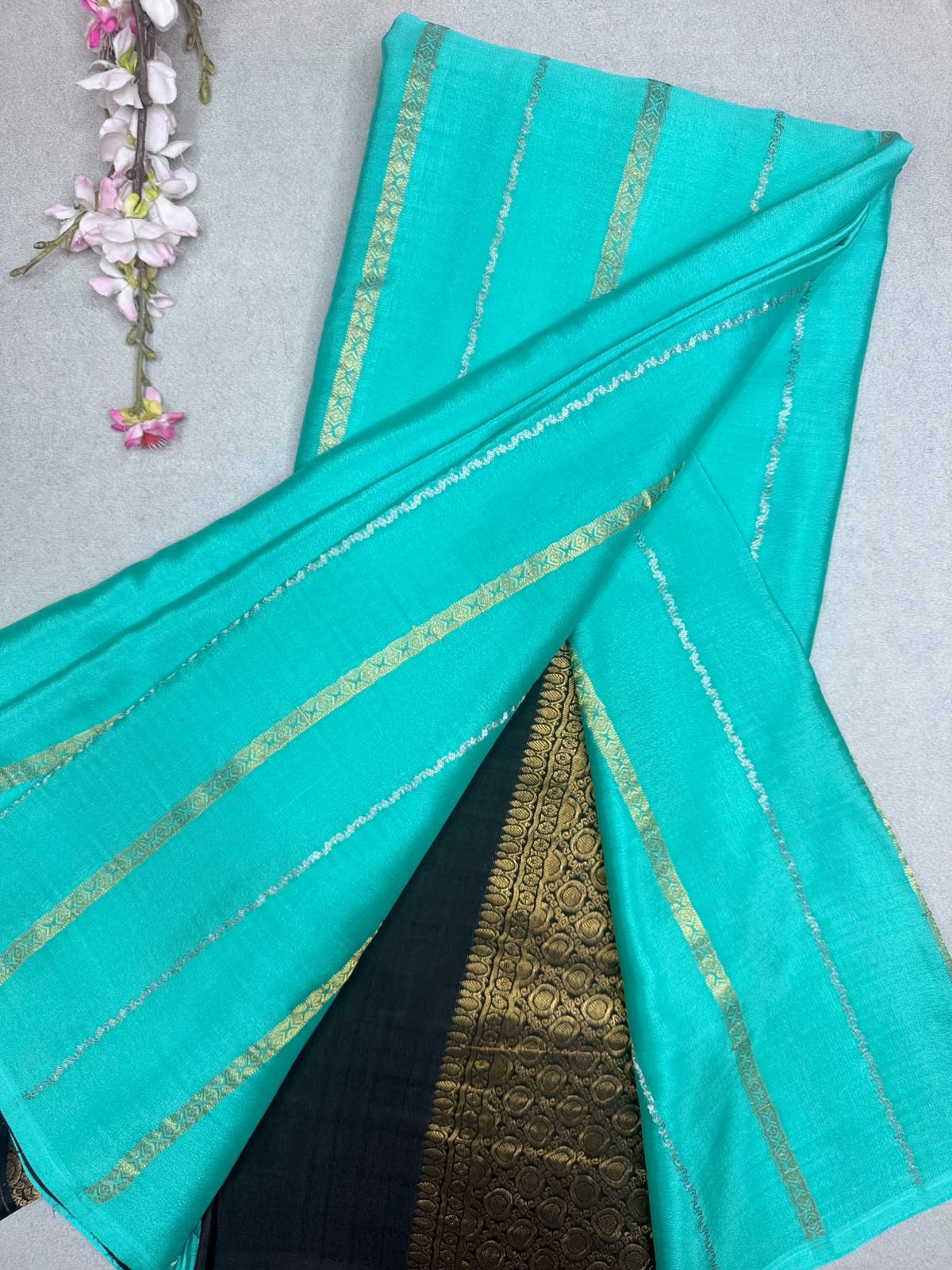 Sea Green Stripes Pure Mysore Crepe Silk Saree 110