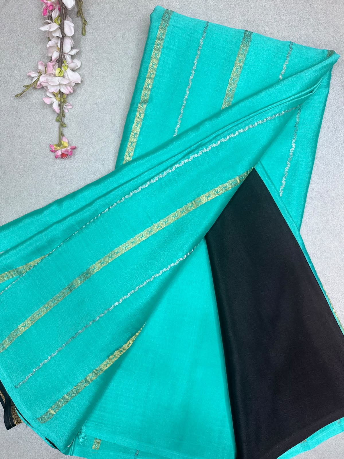 Sea Green Stripes Pure Mysore Crepe Silk Saree 110