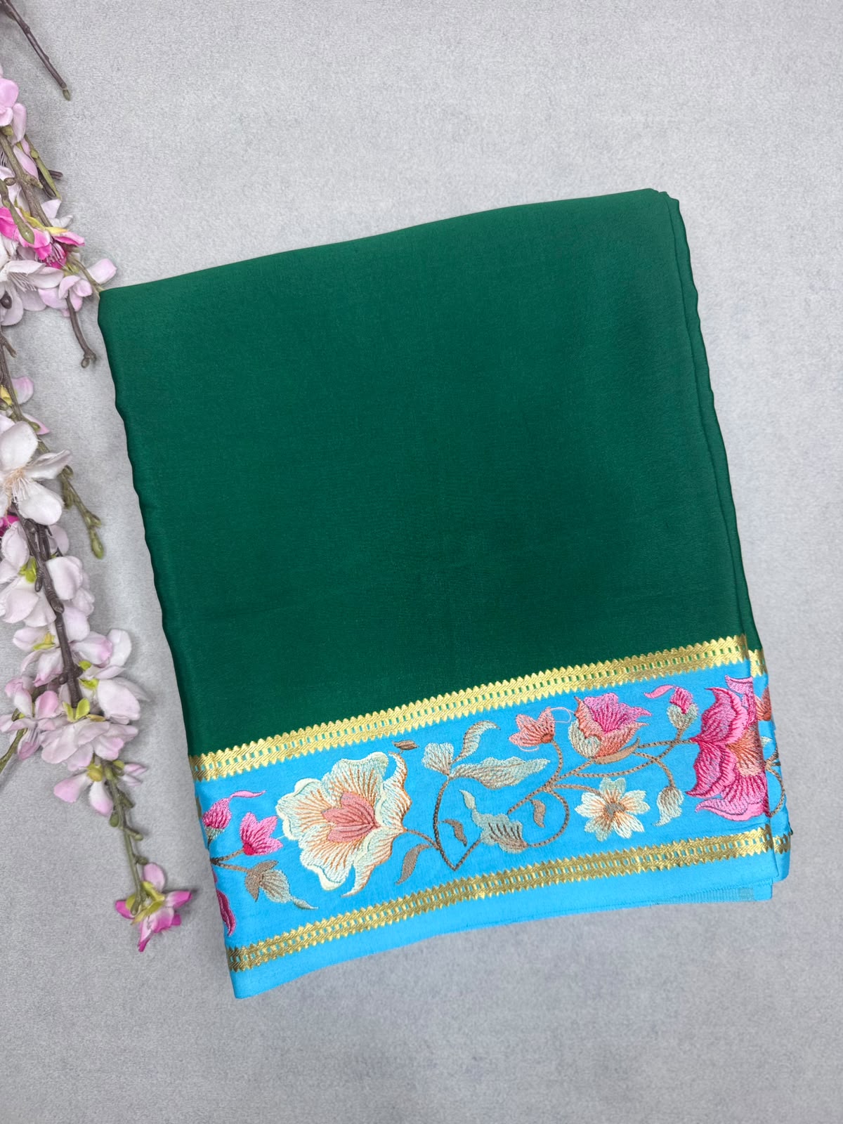 Bottle Green Embroidery Border Pure Mysore Crepe Silk Saree 110