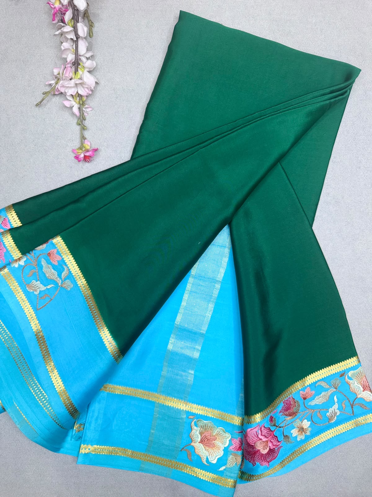 Bottle Green Embroidery Border Pure Mysore Crepe Silk Saree 110