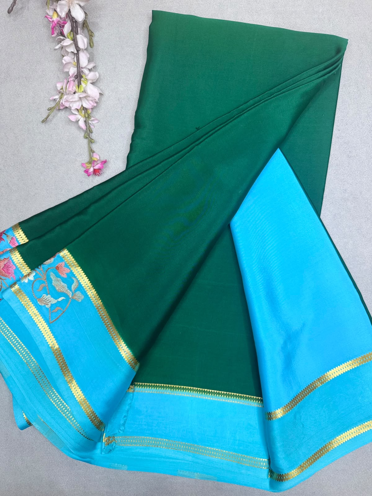 Bottle Green Embroidery Border Pure Mysore Crepe Silk Saree 110