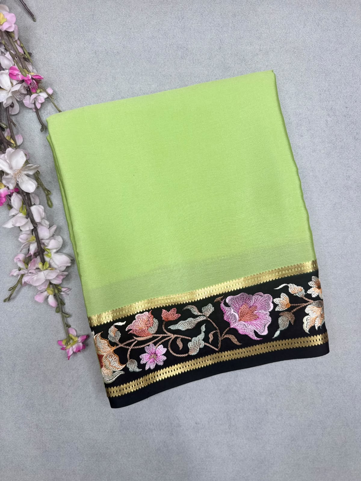 Green Embroidery Border Pure Mysore Crepe Silk Saree 110