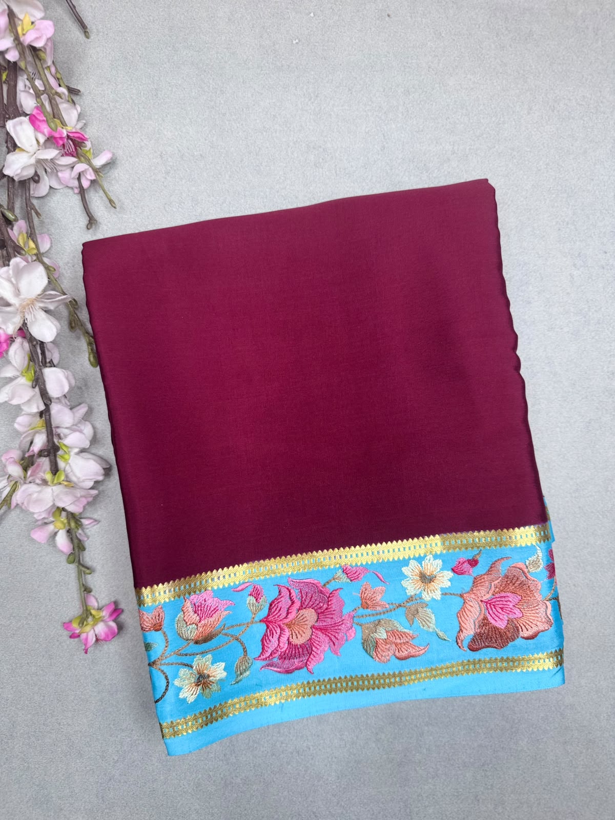 Maroon Embroidery Border Pure Mysore Crepe Silk Saree 110