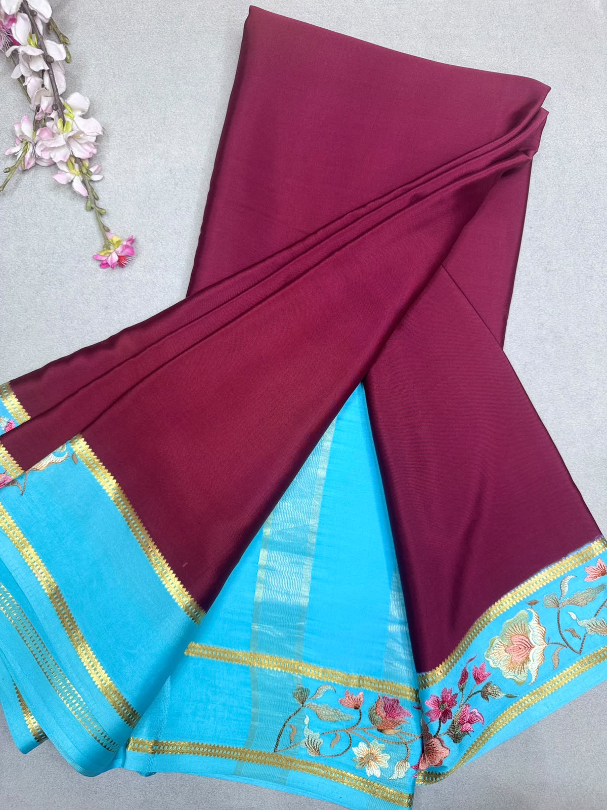 Maroon Embroidery Border Pure Mysore Crepe Silk Saree 110