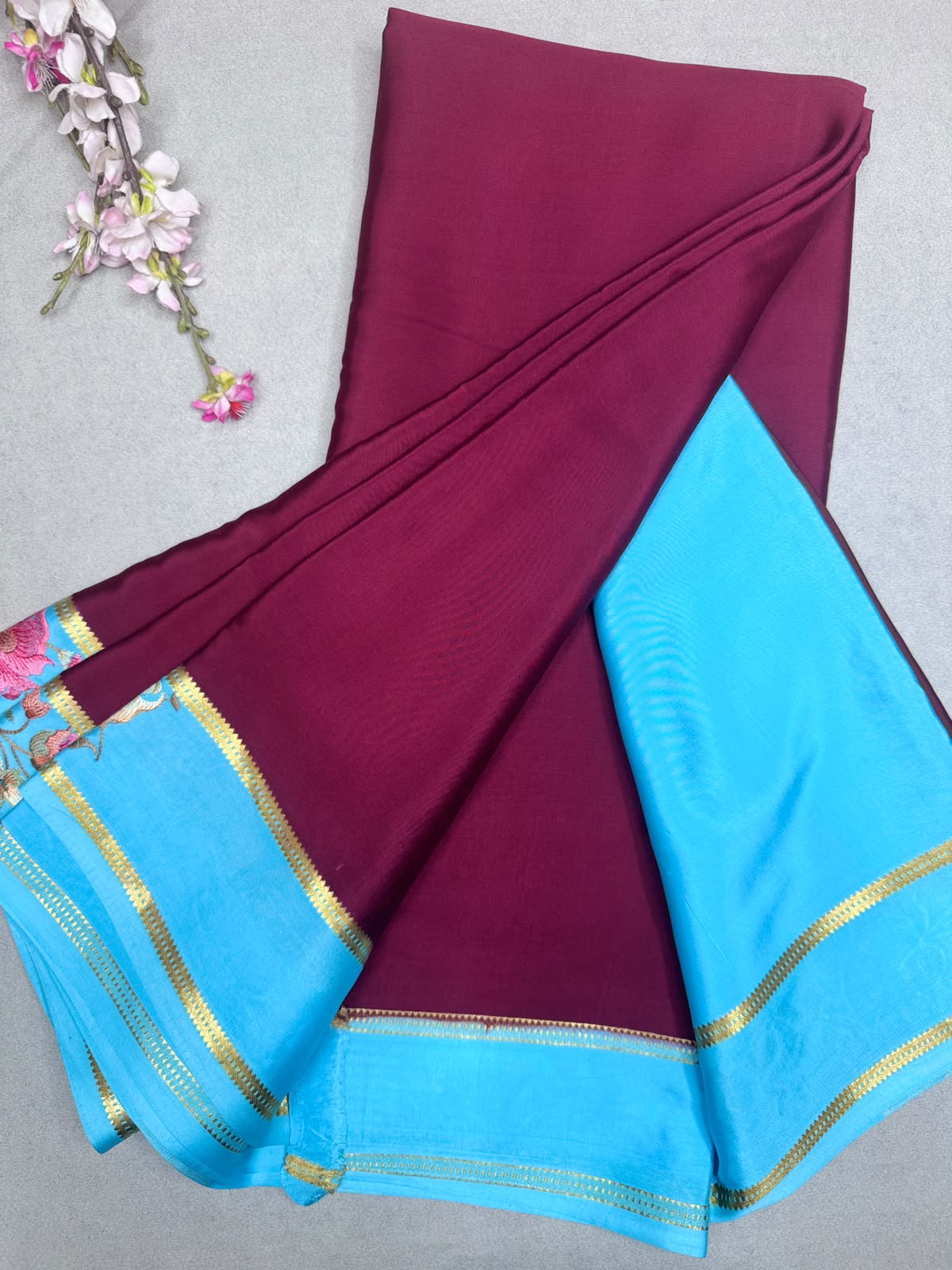 Maroon Embroidery Border Pure Mysore Crepe Silk Saree 110