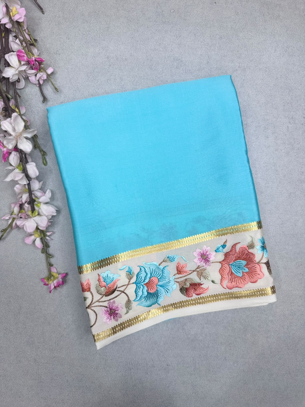 Blue Embroidery Border Pure Mysore Crepe Silk Saree 110