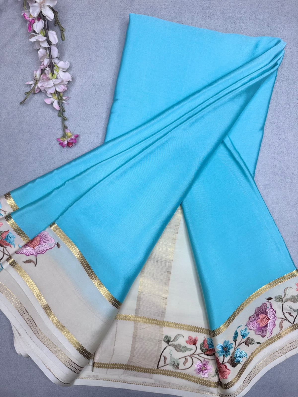 Blue Embroidery Border Pure Mysore Crepe Silk Saree 110
