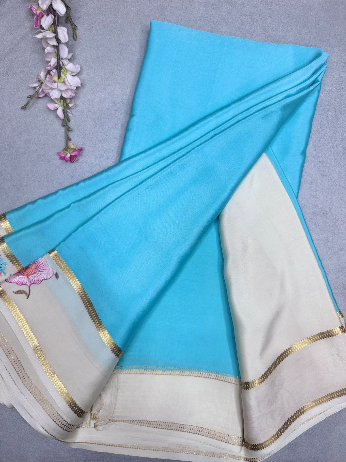 Blue Embroidery Border Pure Mysore Crepe Silk Saree 110