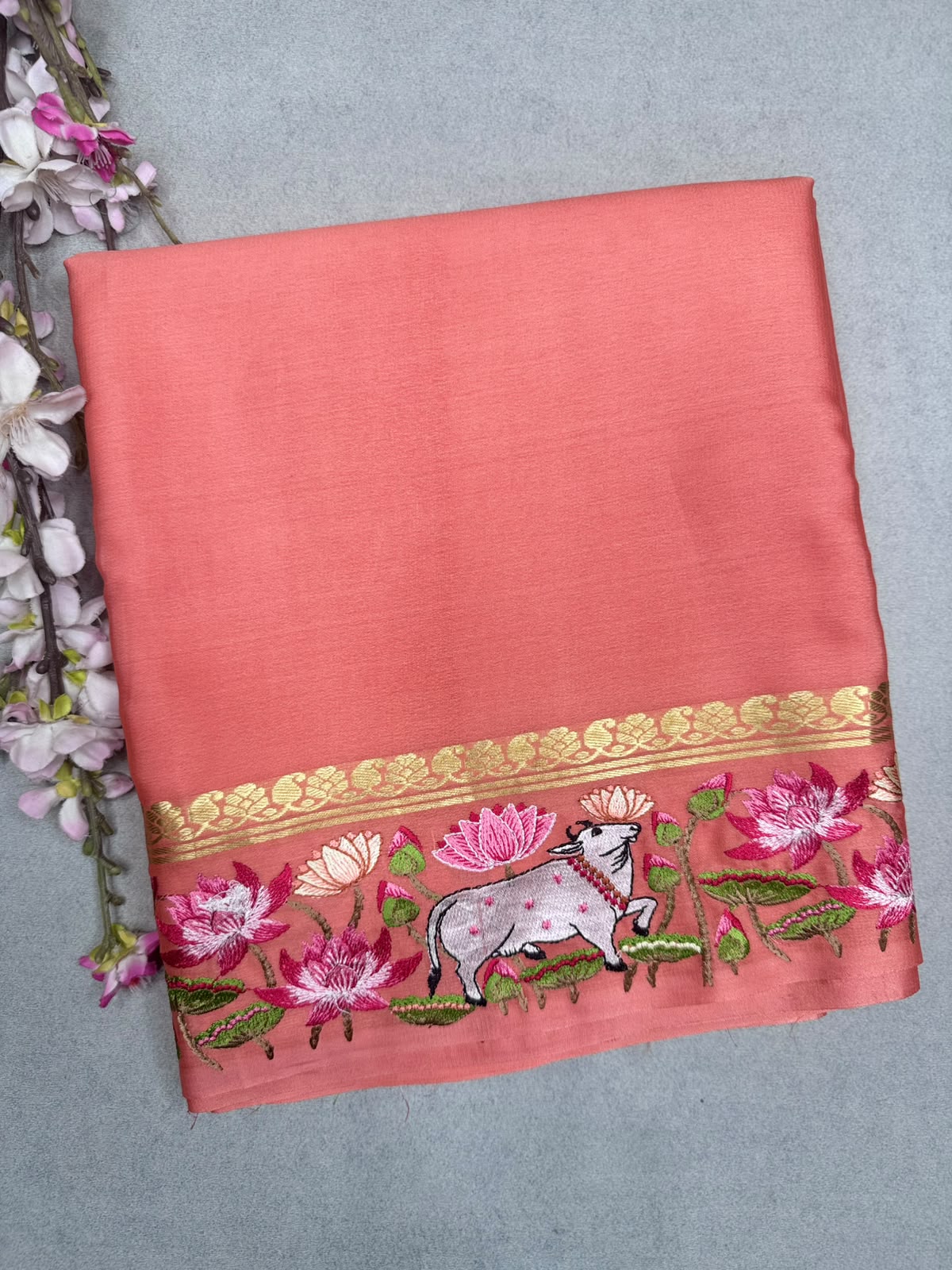 Peach Embroidery Border Pure Mysore Crepe Silk Saree 110