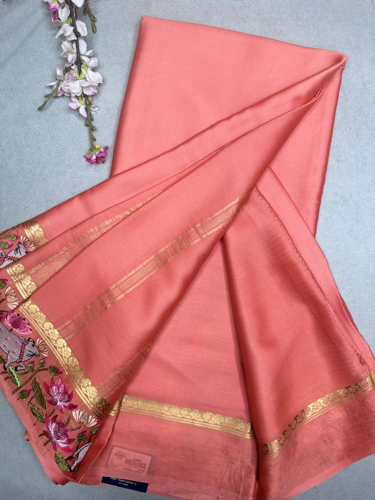 Peach Embroidery Border Pure Mysore Crepe Silk Saree 110