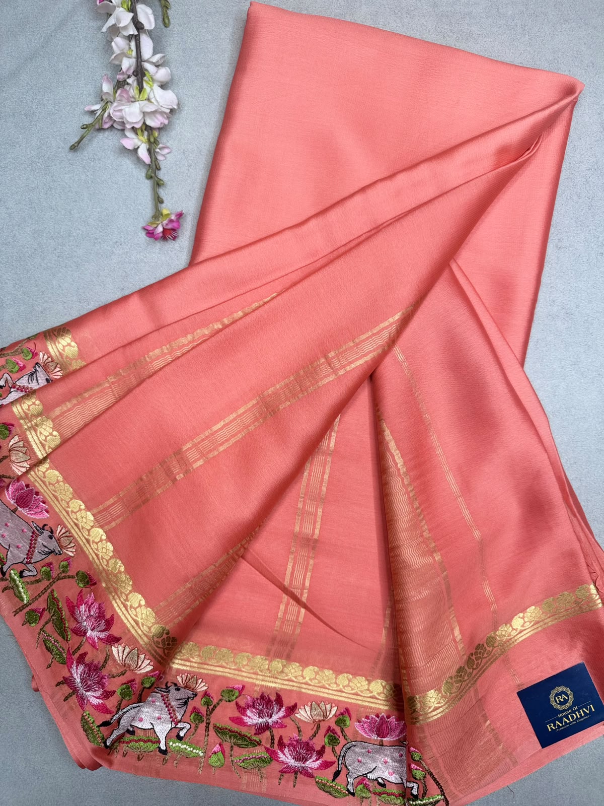 Peach Embroidery Border Pure Mysore Crepe Silk Saree 110