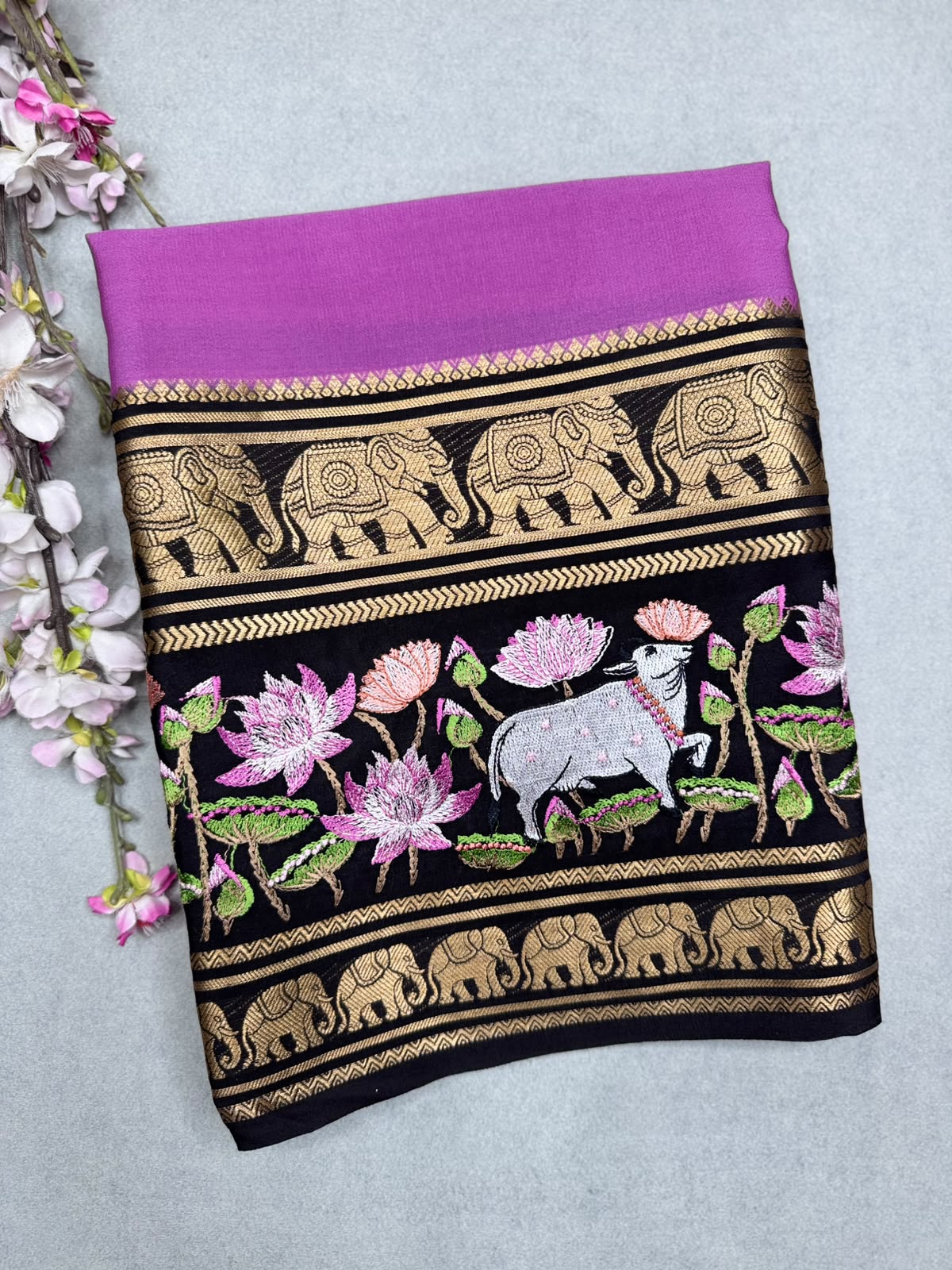 Lilac Embroidery Border Pure Mysore Crepe Silk Saree 110