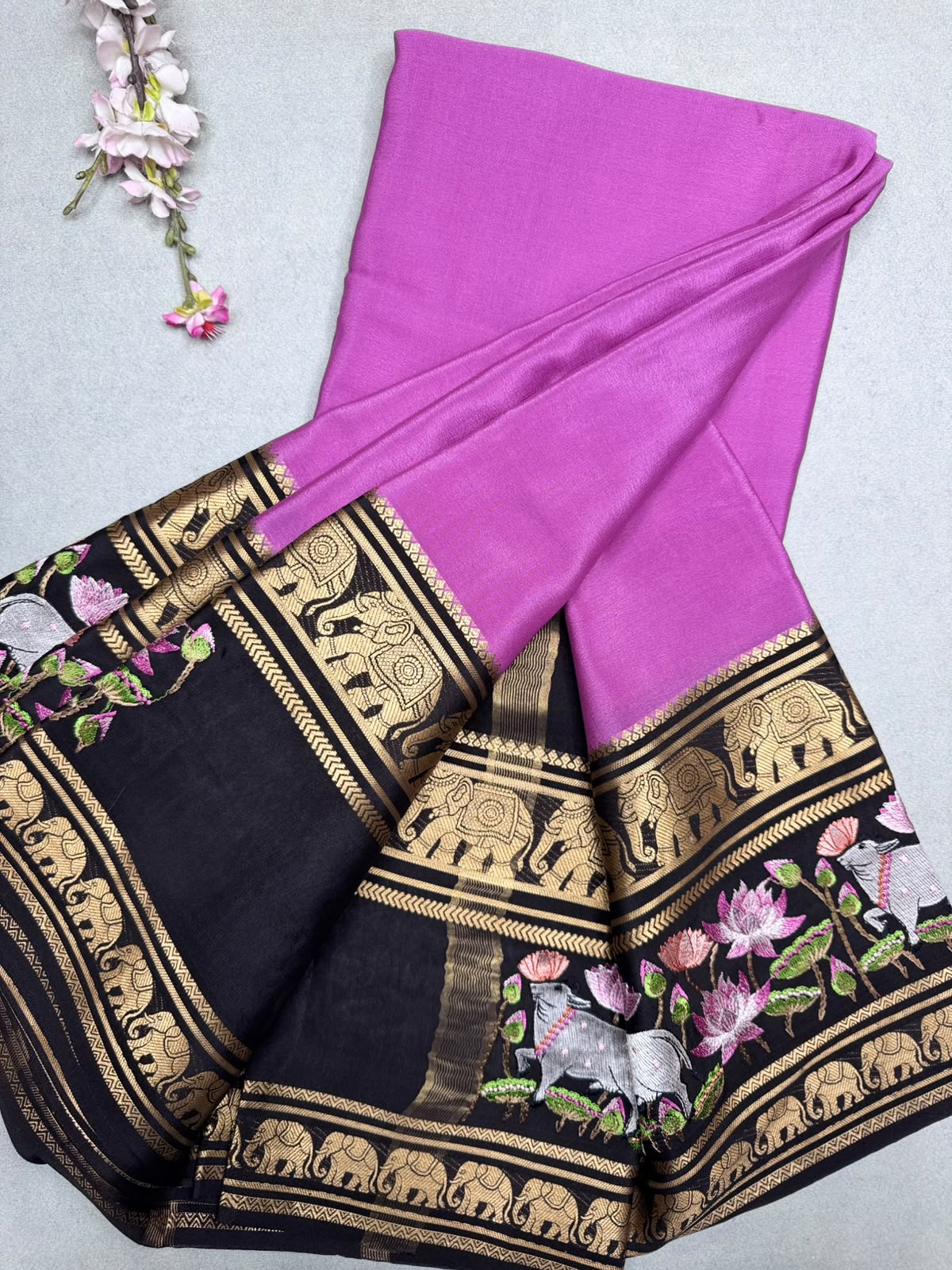 Lilac Embroidery Border Pure Mysore Crepe Silk Saree 110