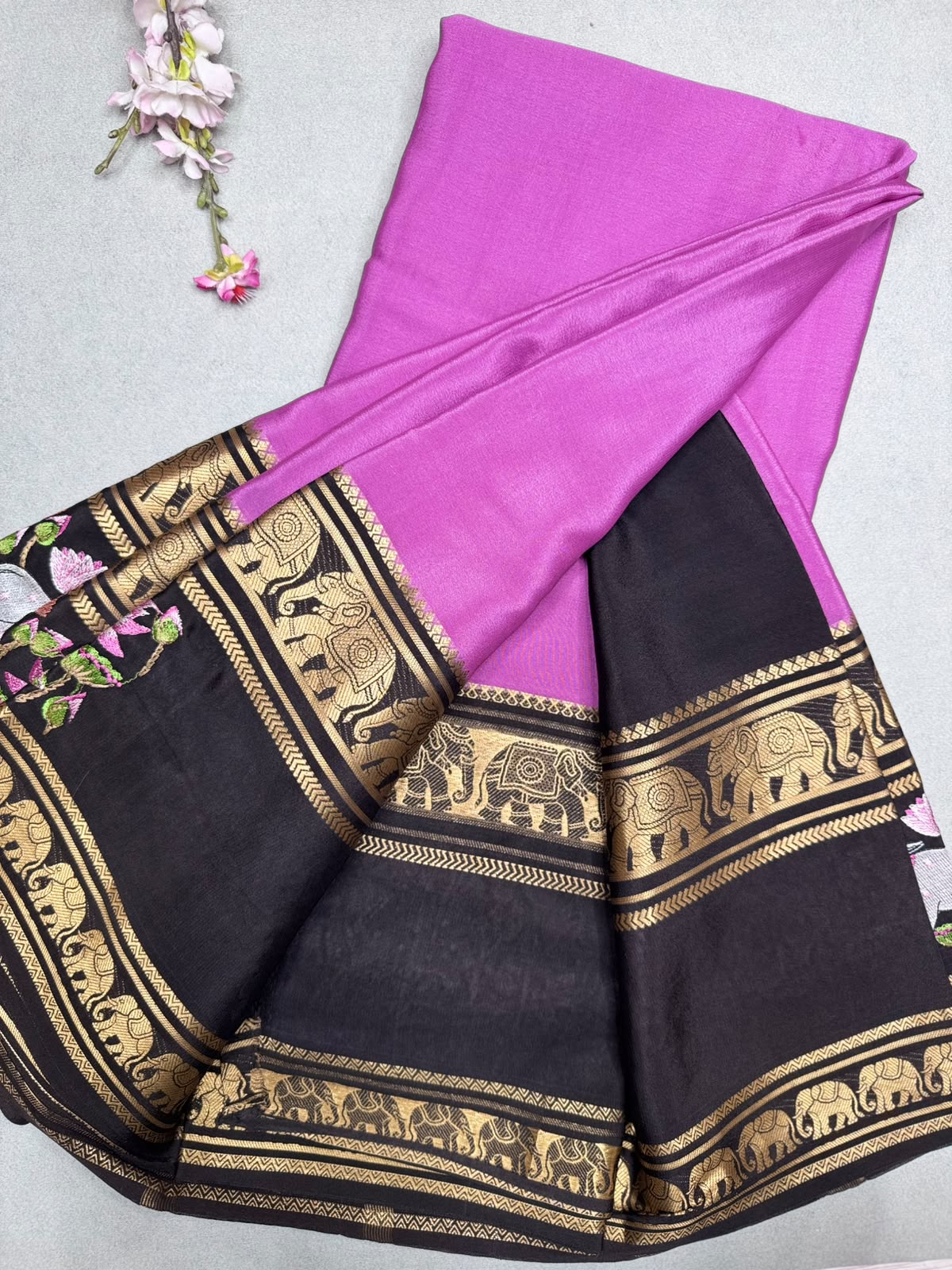 Lilac Embroidery Border Pure Mysore Crepe Silk Saree 110