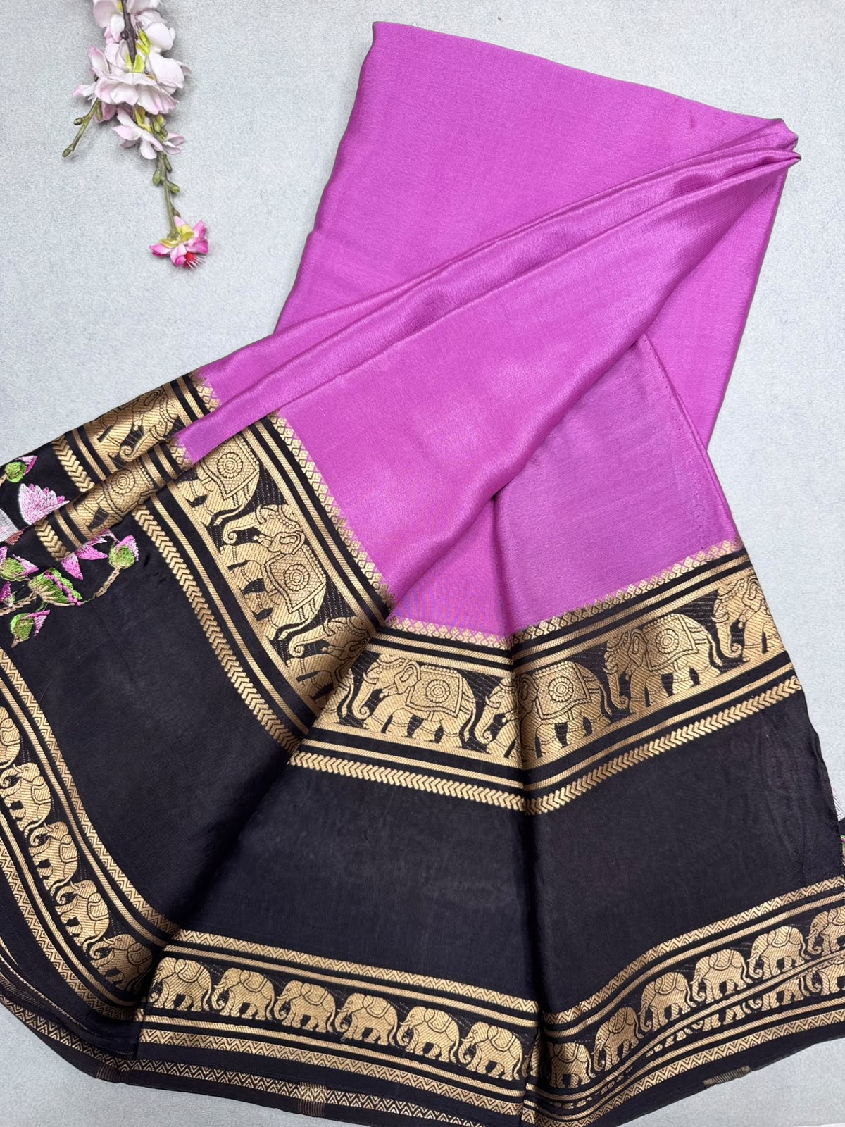 Lilac Embroidery Border Pure Mysore Crepe Silk Saree 110