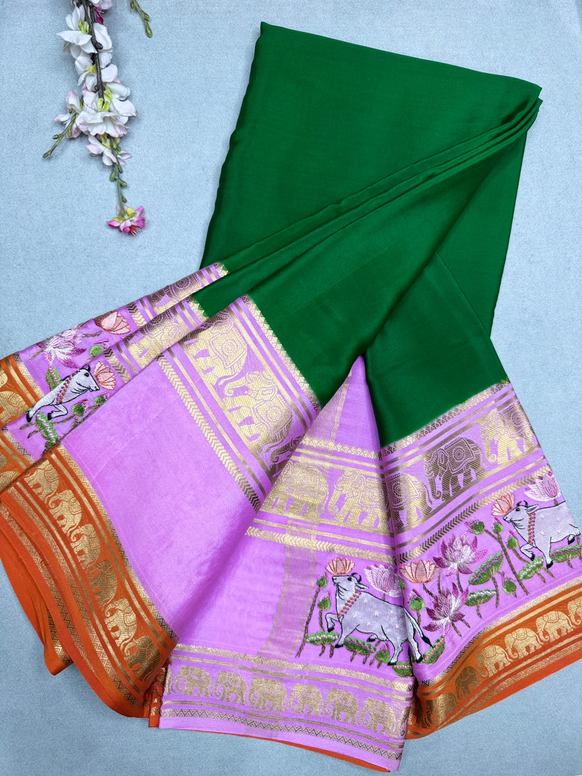 Bottle Green Embroidery Border Pure Mysore Crepe Silk Saree 110