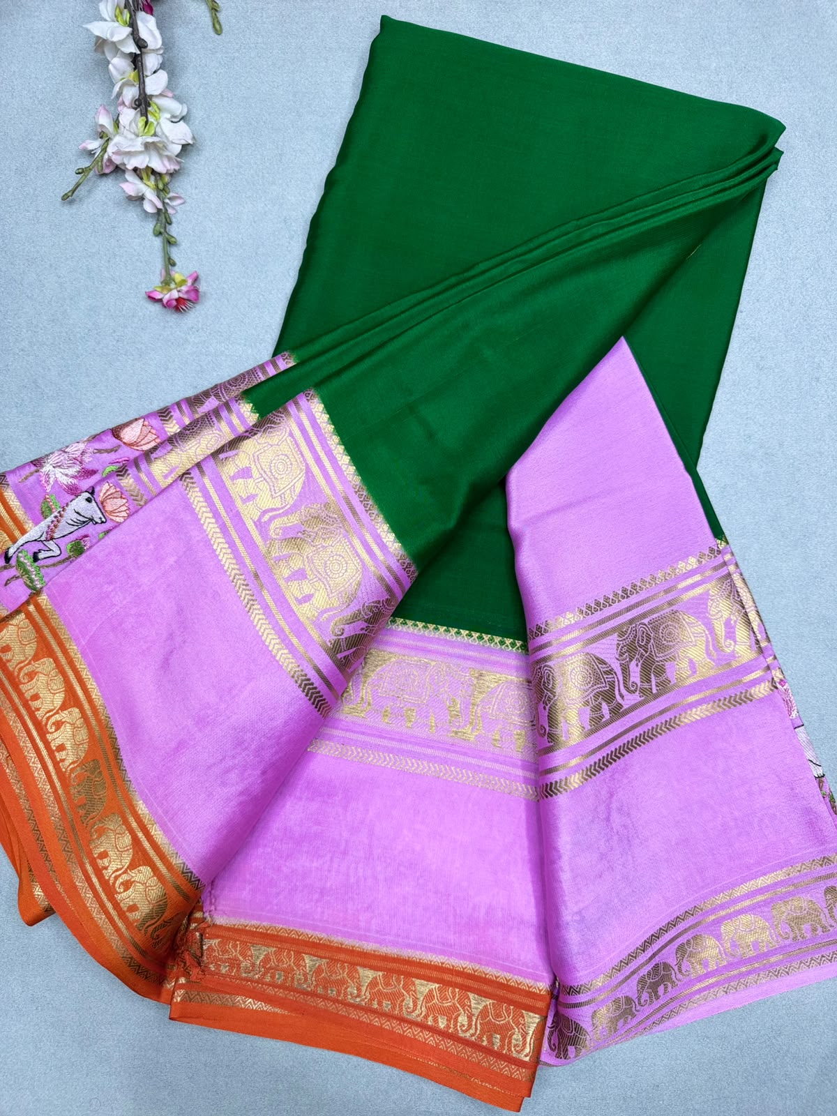Bottle Green Embroidery Border Pure Mysore Crepe Silk Saree 110