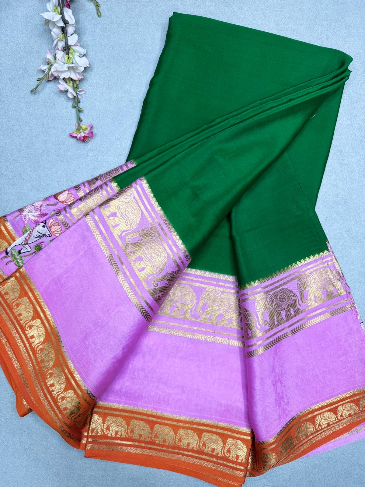 Bottle Green Embroidery Border Pure Mysore Crepe Silk Saree 110