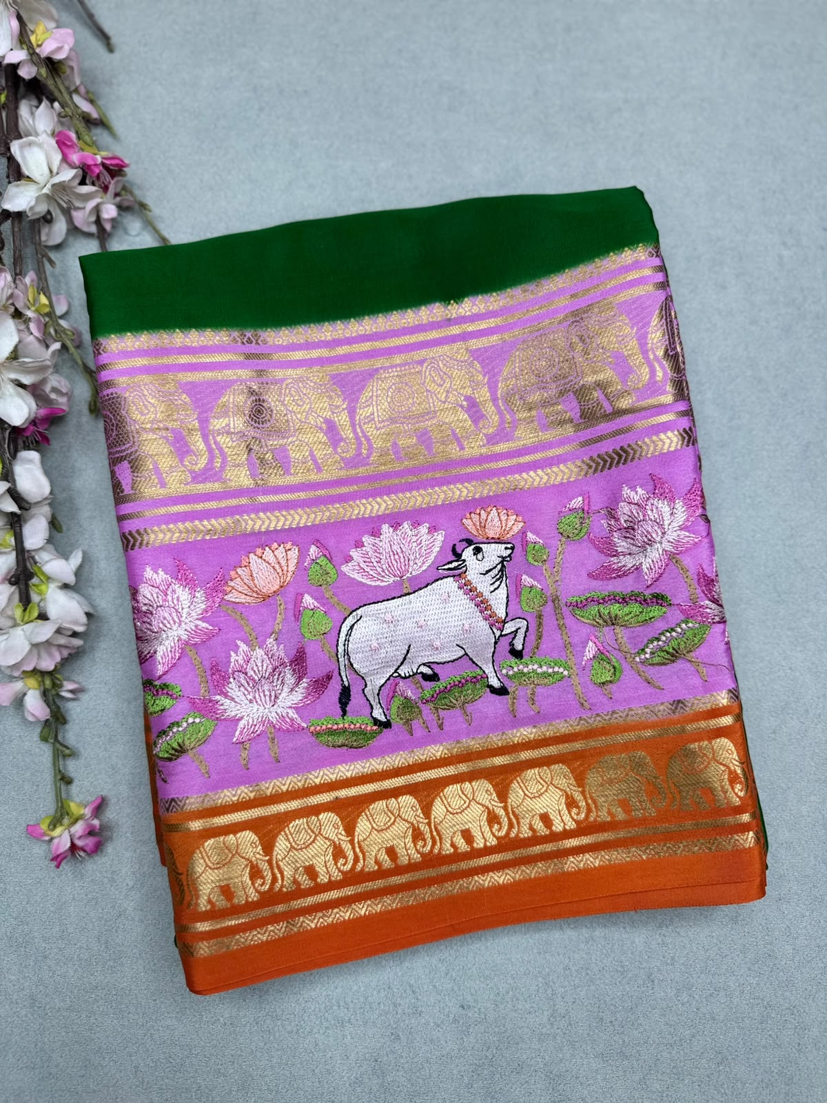 Bottle Green Embroidery Border Pure Mysore Crepe Silk Saree 110