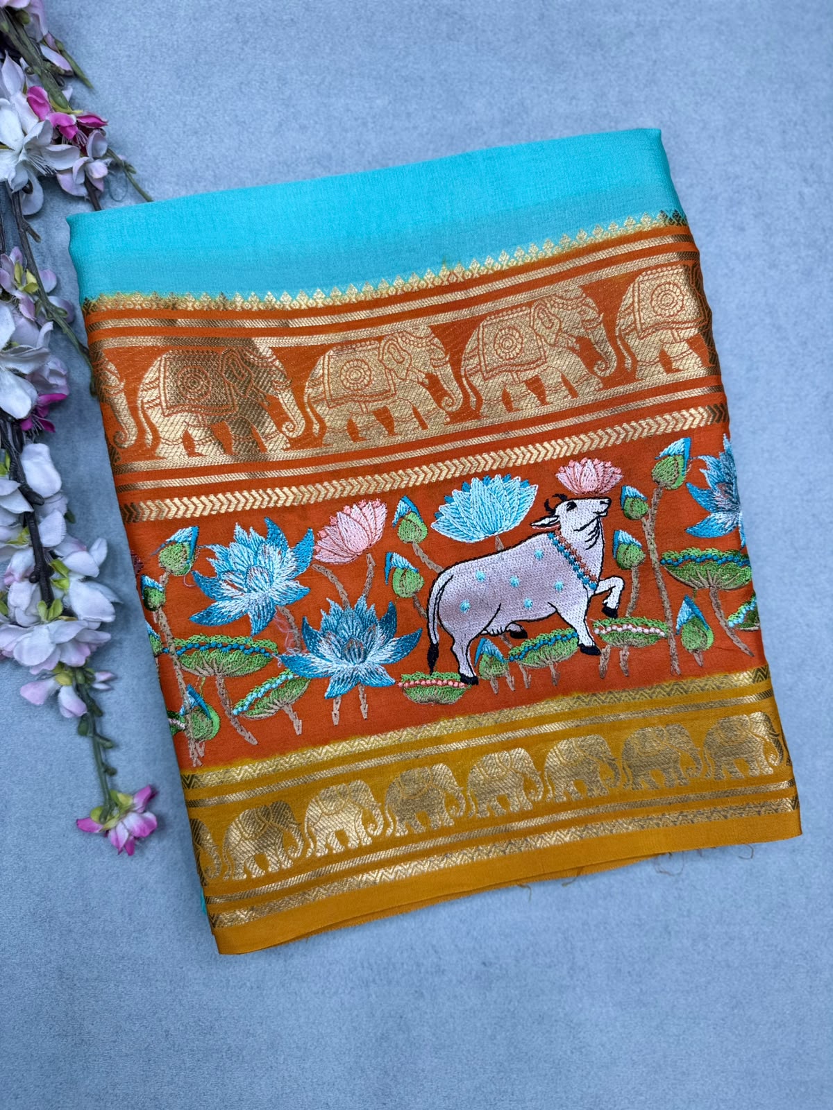Sea Green Embroidery Border Pure Mysore Crepe Silk Saree 110