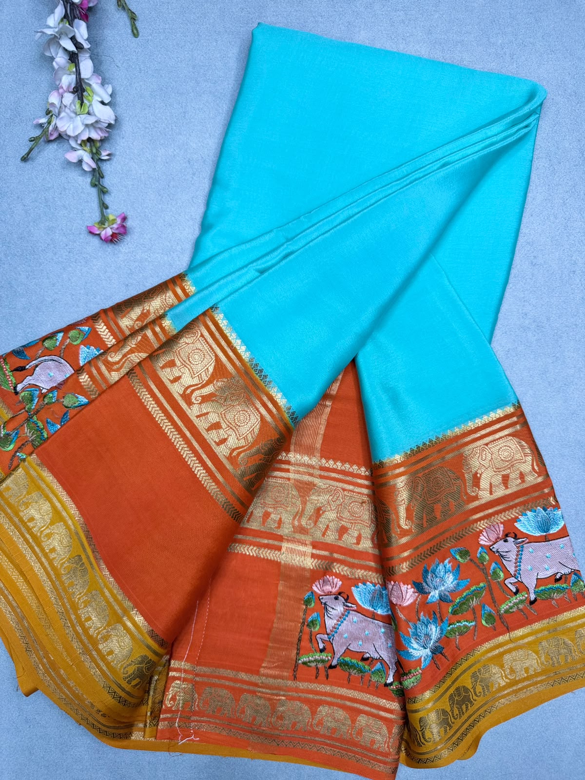 Sea Green Embroidery Border Pure Mysore Crepe Silk Saree 110
