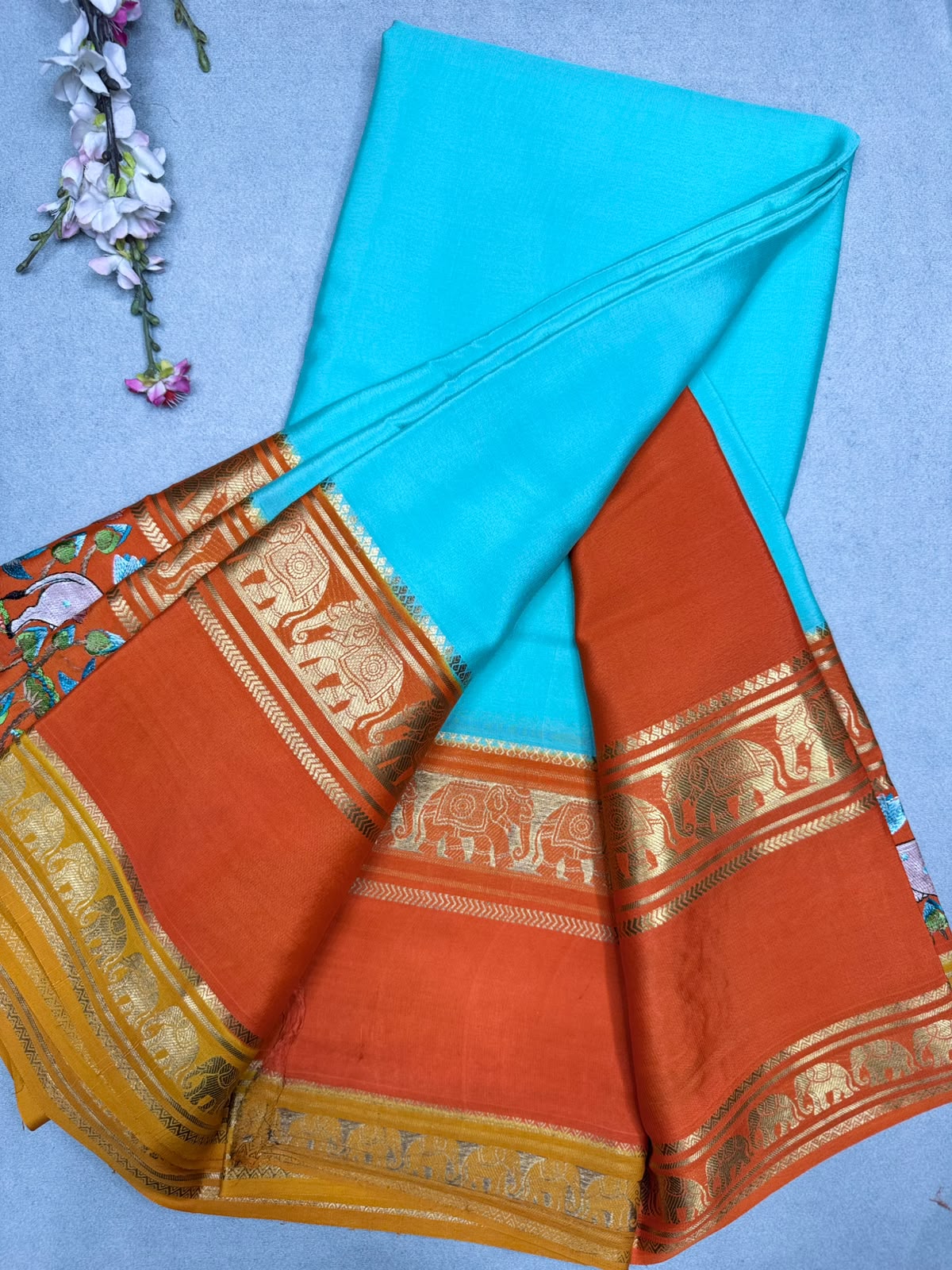 Sea Green Embroidery Border Pure Mysore Crepe Silk Saree 110