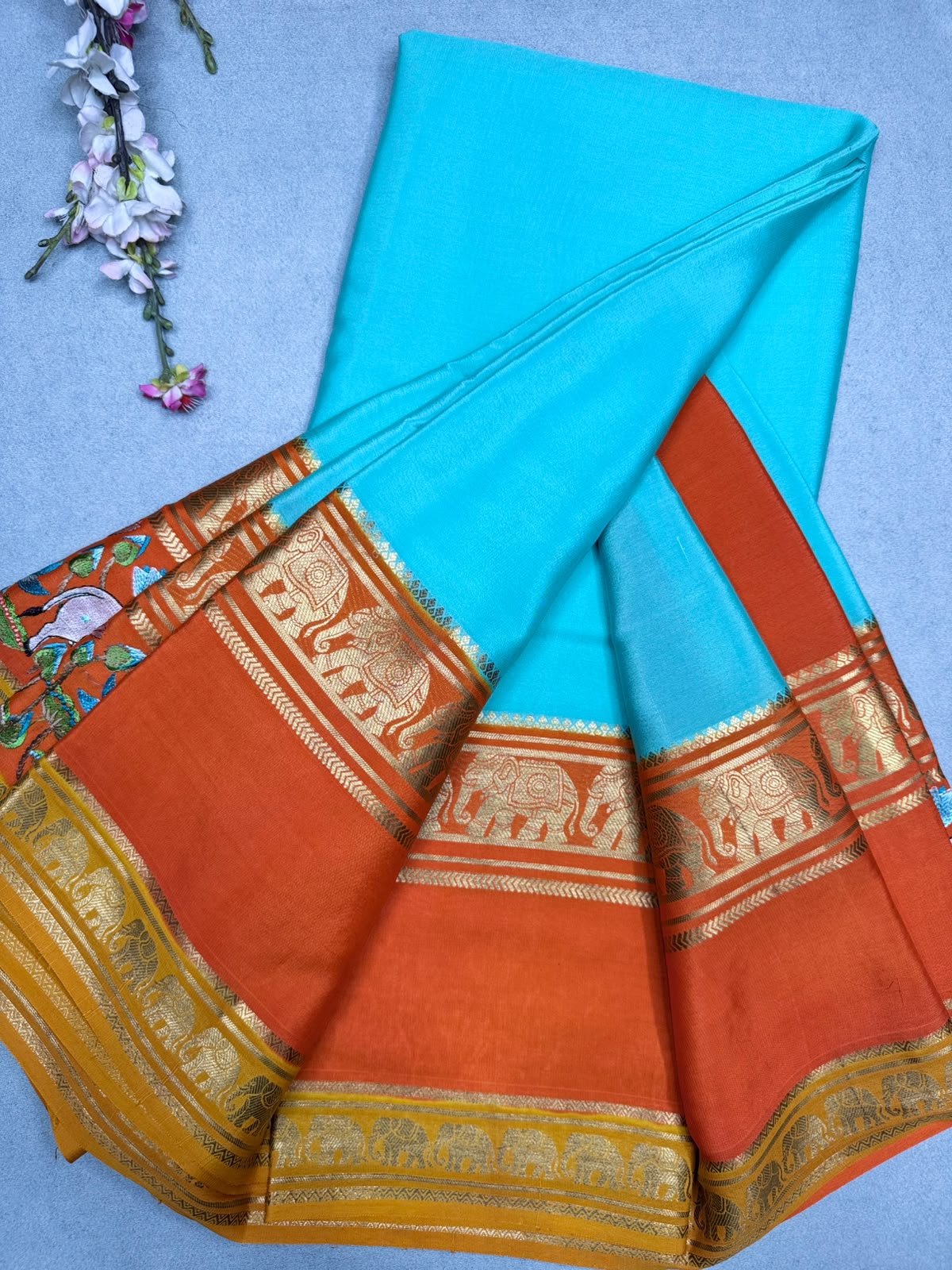 Sea Green Embroidery Border Pure Mysore Crepe Silk Saree 110