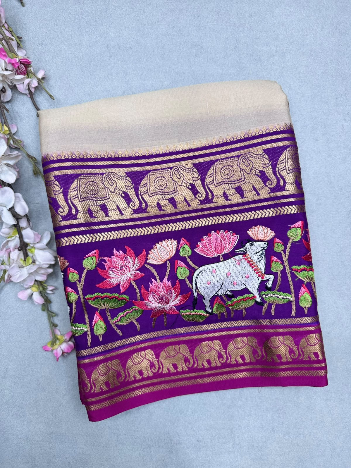 Cream Embroidery Border Pure Mysore Crepe Silk Saree 110