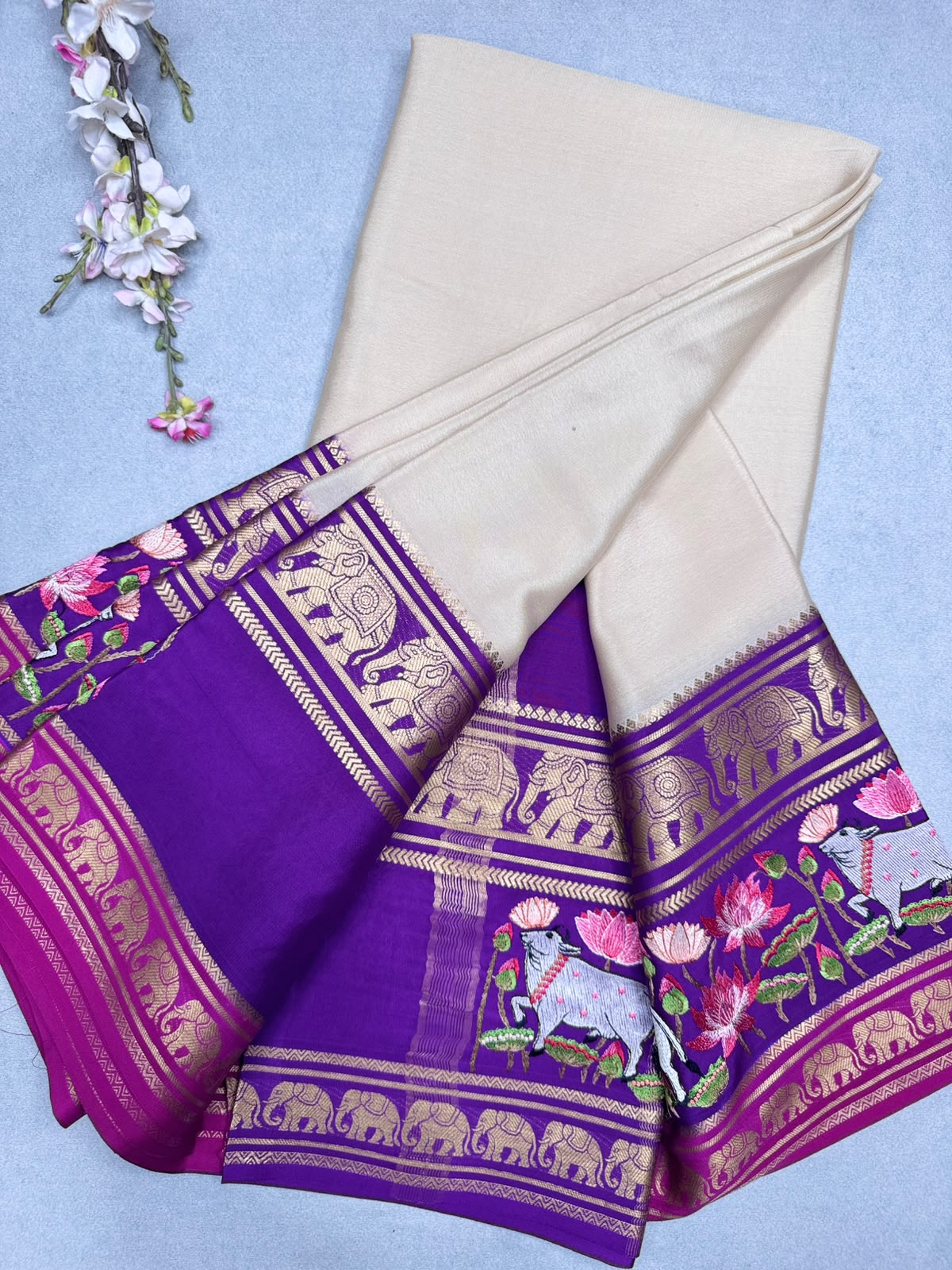 Cream Embroidery Border Pure Mysore Crepe Silk Saree 110