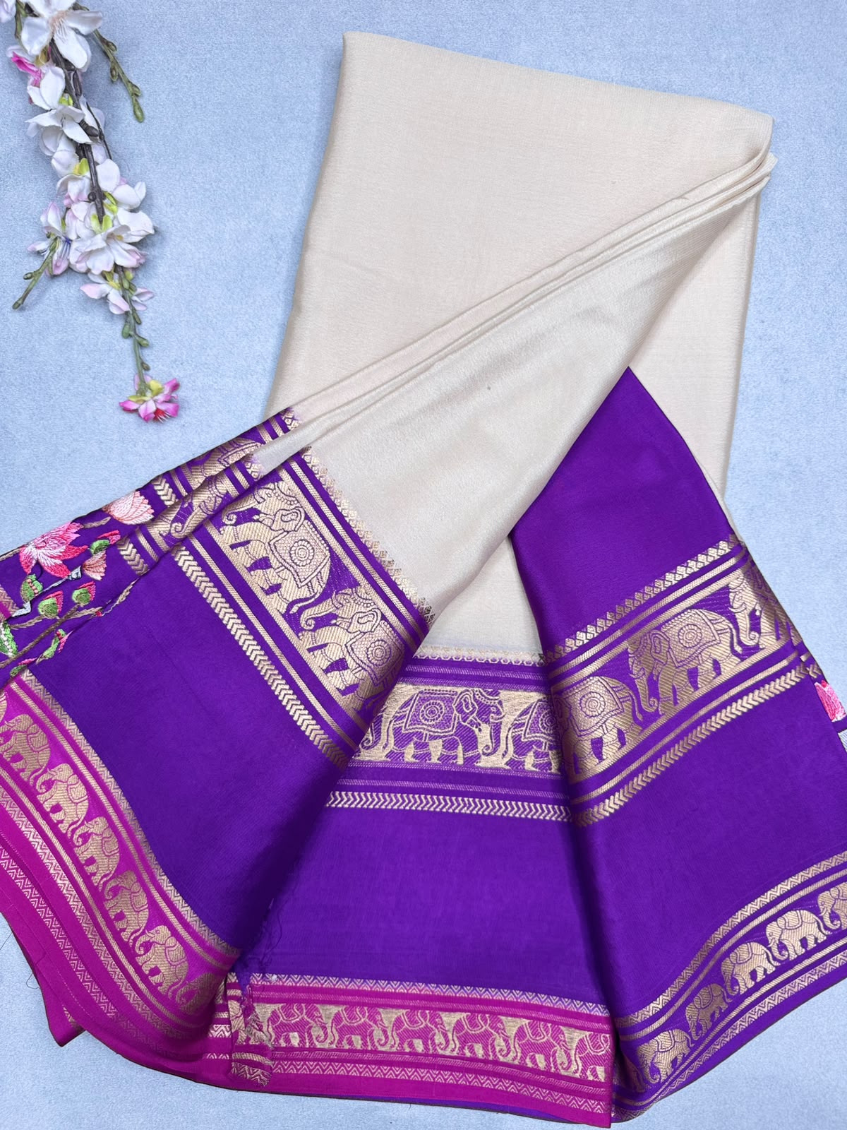 Cream Embroidery Border Pure Mysore Crepe Silk Saree 110