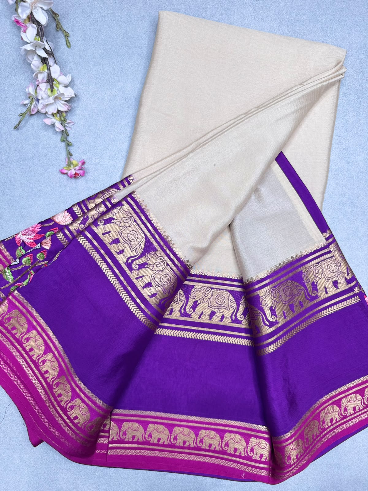 Cream Embroidery Border Pure Mysore Crepe Silk Saree 110