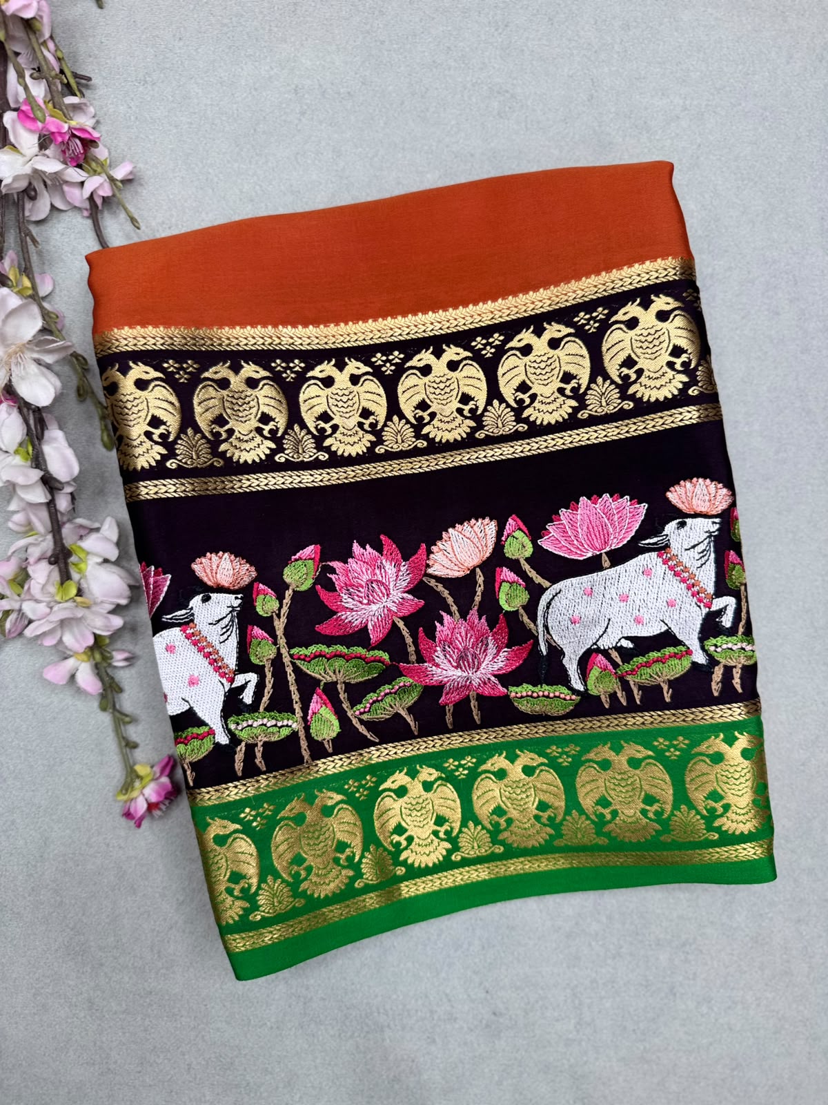 Orange Embroidery Border Pure Mysore Crepe Silk Saree 110