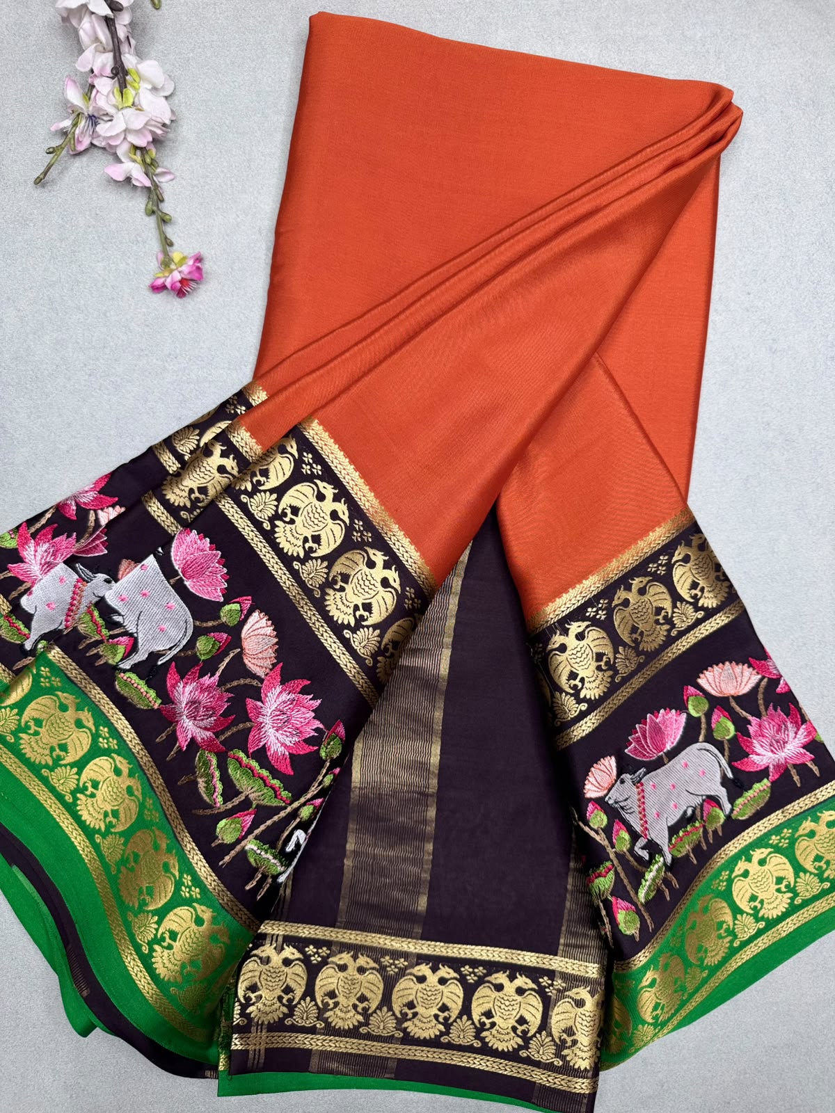 Orange Embroidery Border Pure Mysore Crepe Silk Saree 110