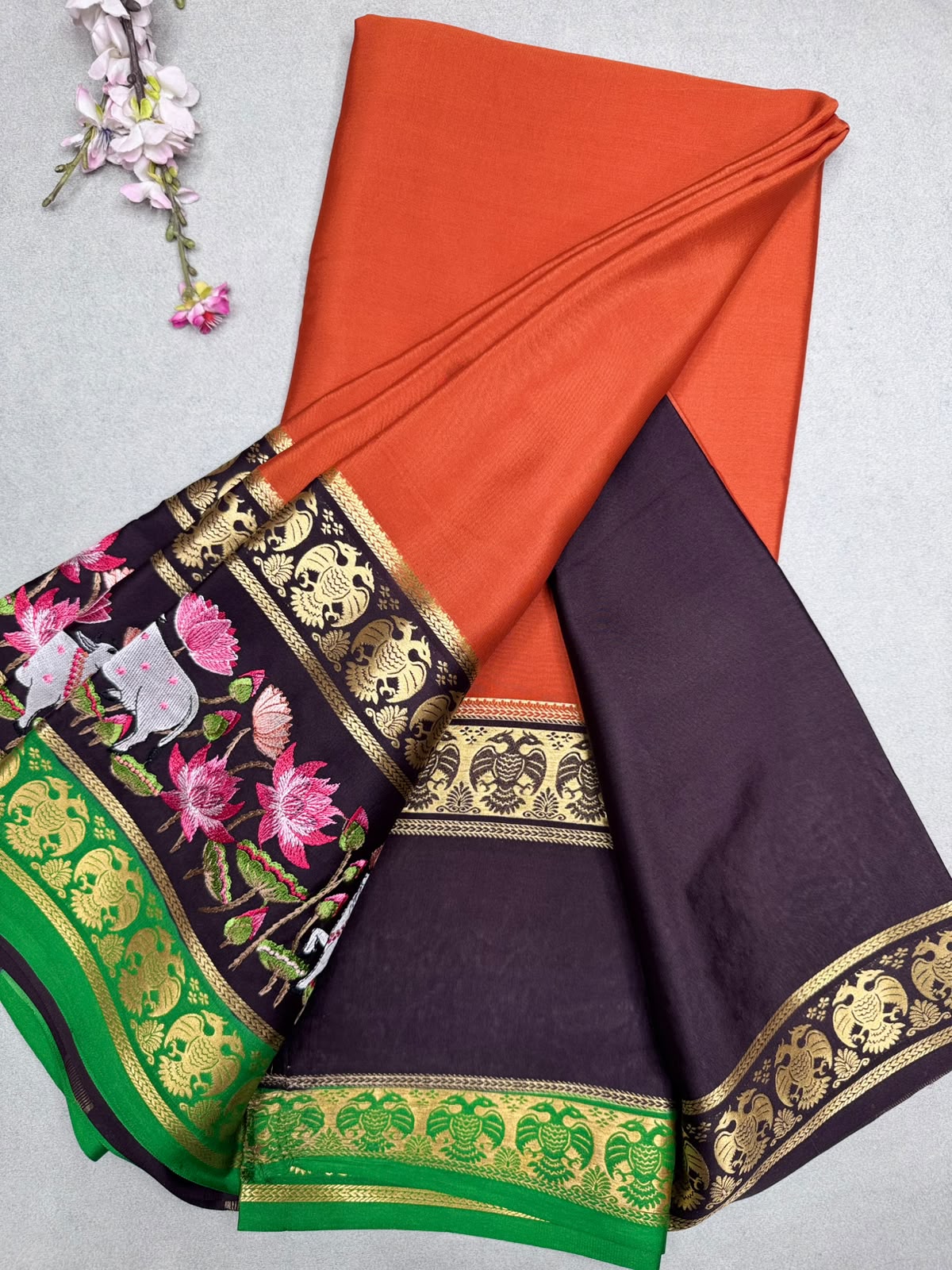 Orange Embroidery Border Pure Mysore Crepe Silk Saree 110