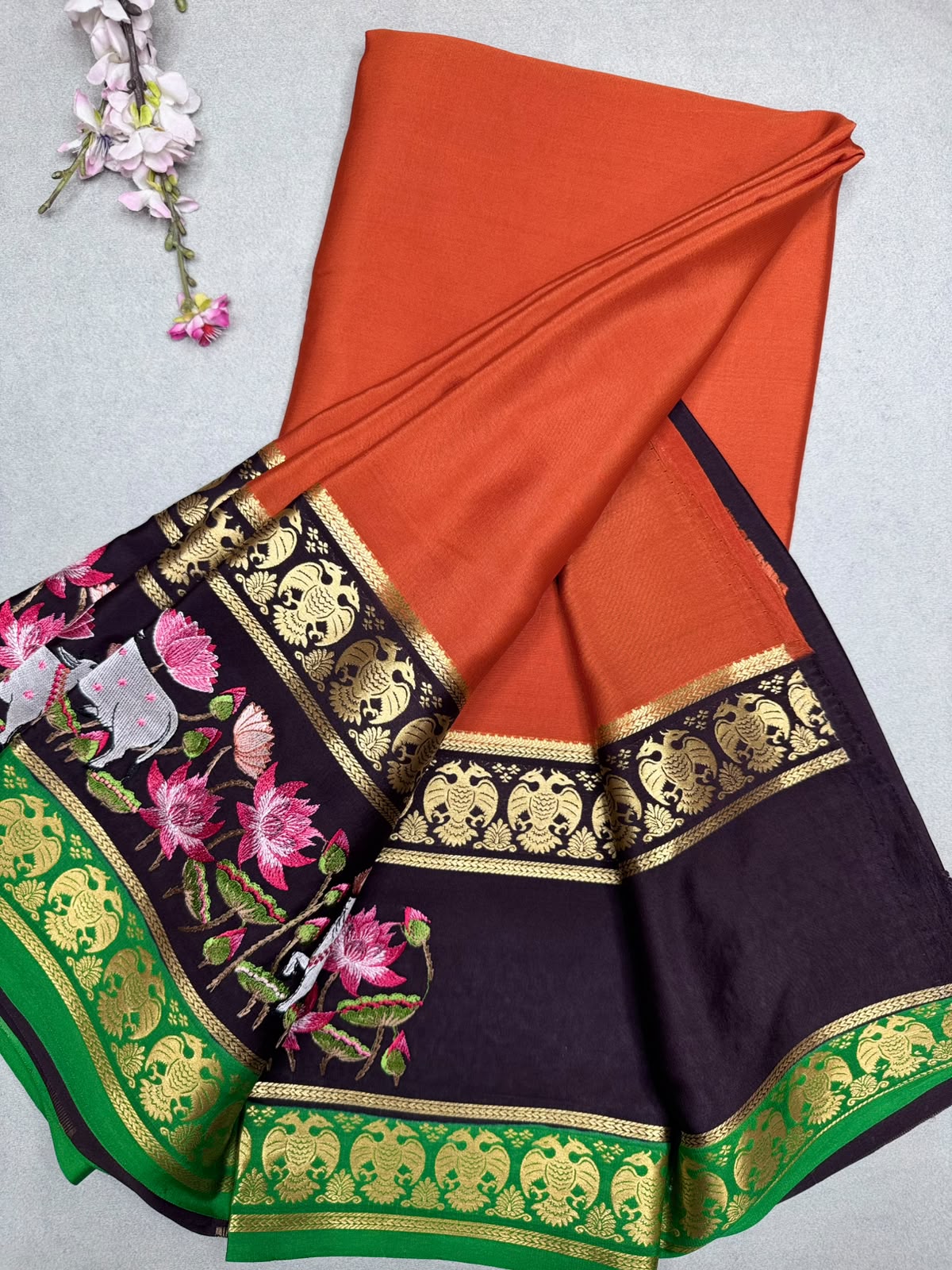 Orange Embroidery Border Pure Mysore Crepe Silk Saree 110