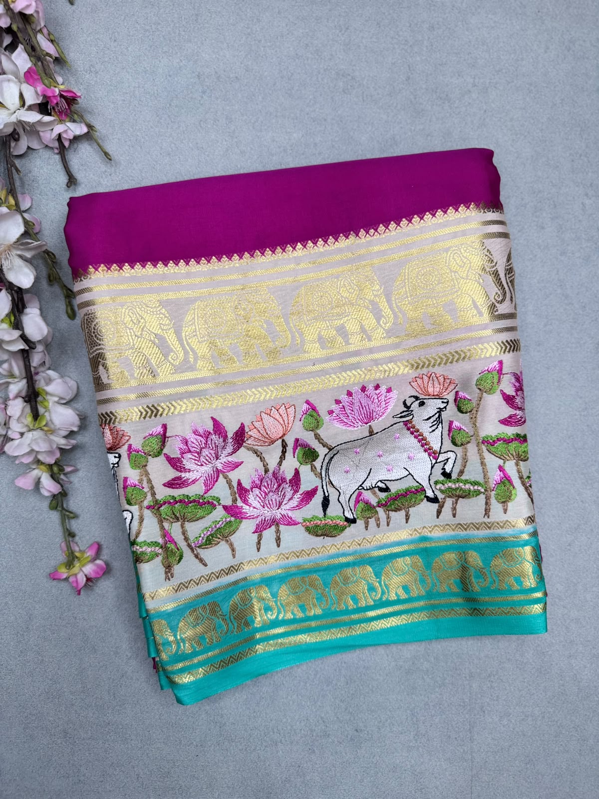 Magenta Embroidery Border Pure Mysore Crepe Silk Saree 110