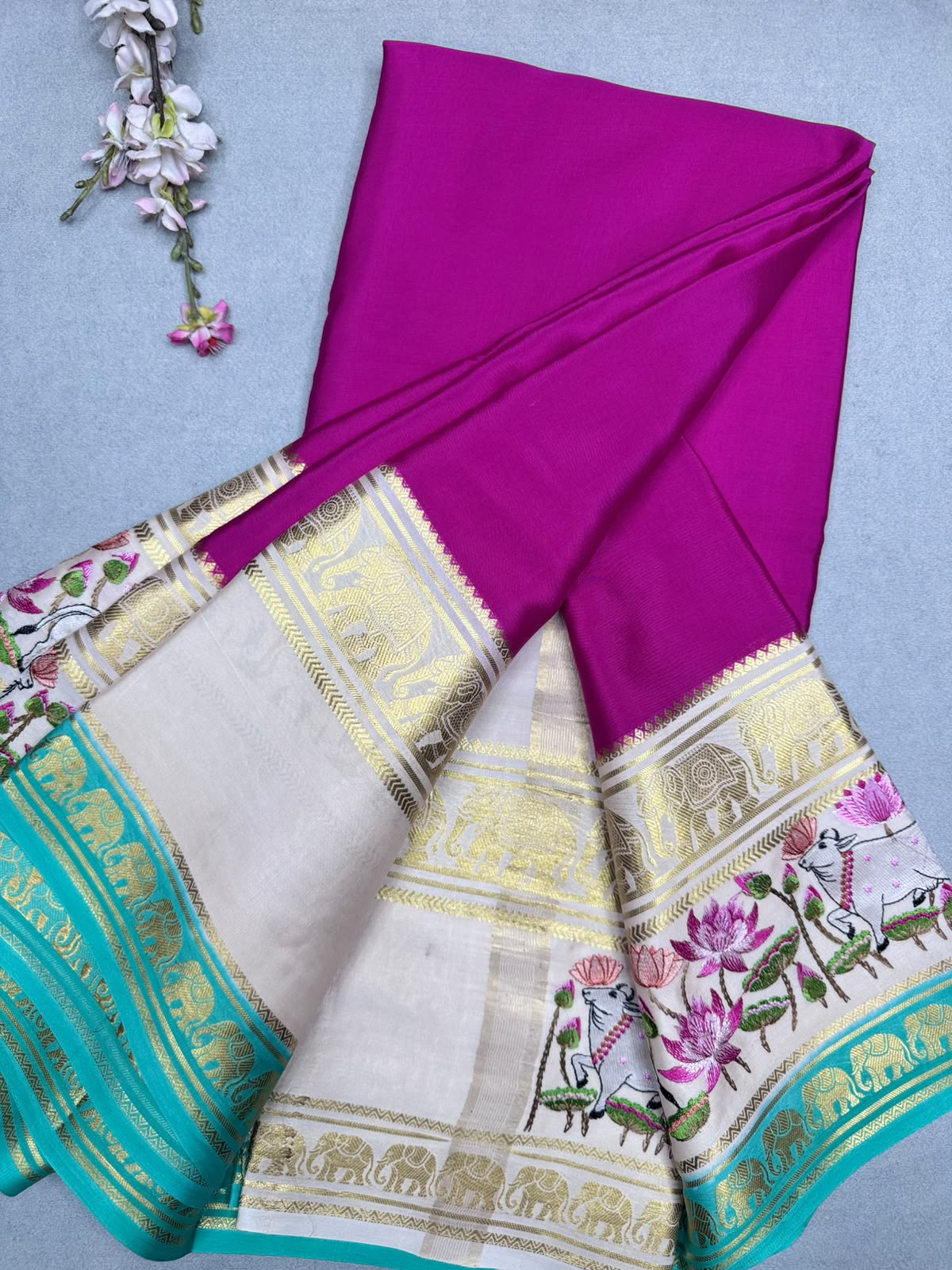 Magenta Embroidery Border Pure Mysore Crepe Silk Saree 110
