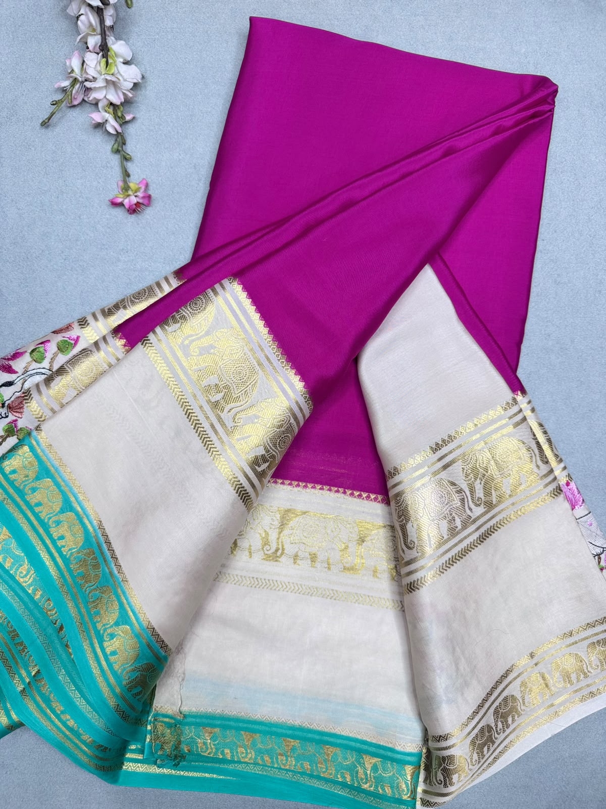 Magenta Embroidery Border Pure Mysore Crepe Silk Saree 110