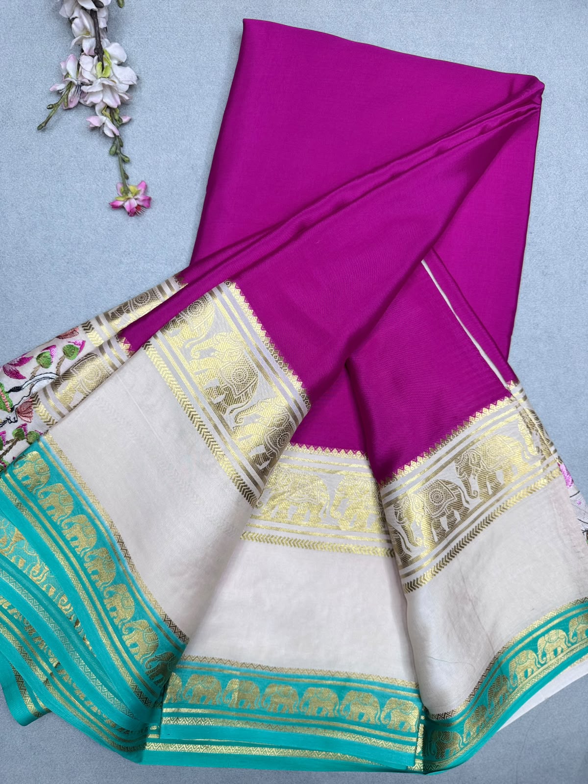 Magenta Embroidery Border Pure Mysore Crepe Silk Saree 110