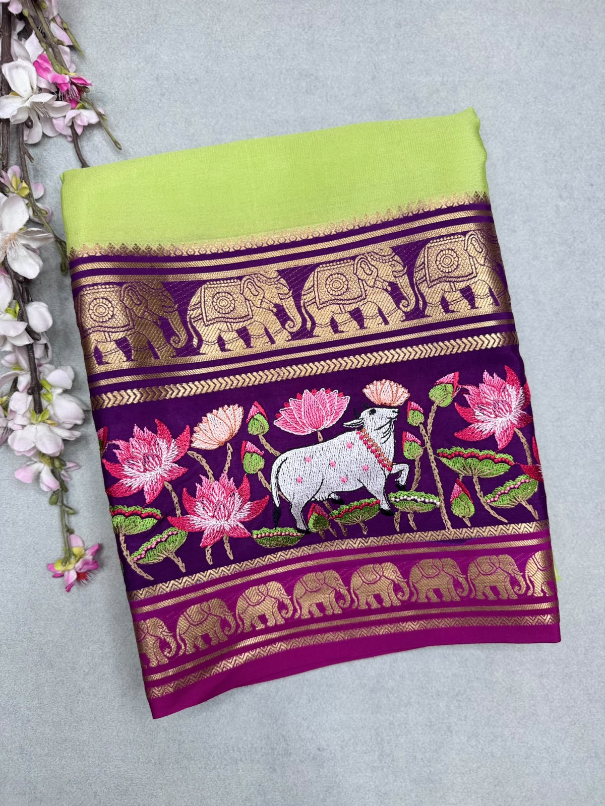 Green Embroidery Border Pure Mysore Crepe Silk Saree 110