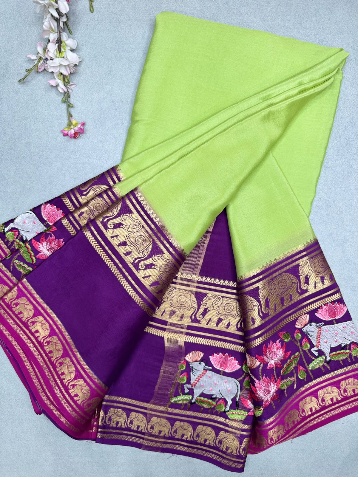 Green Embroidery Border Pure Mysore Crepe Silk Saree 110
