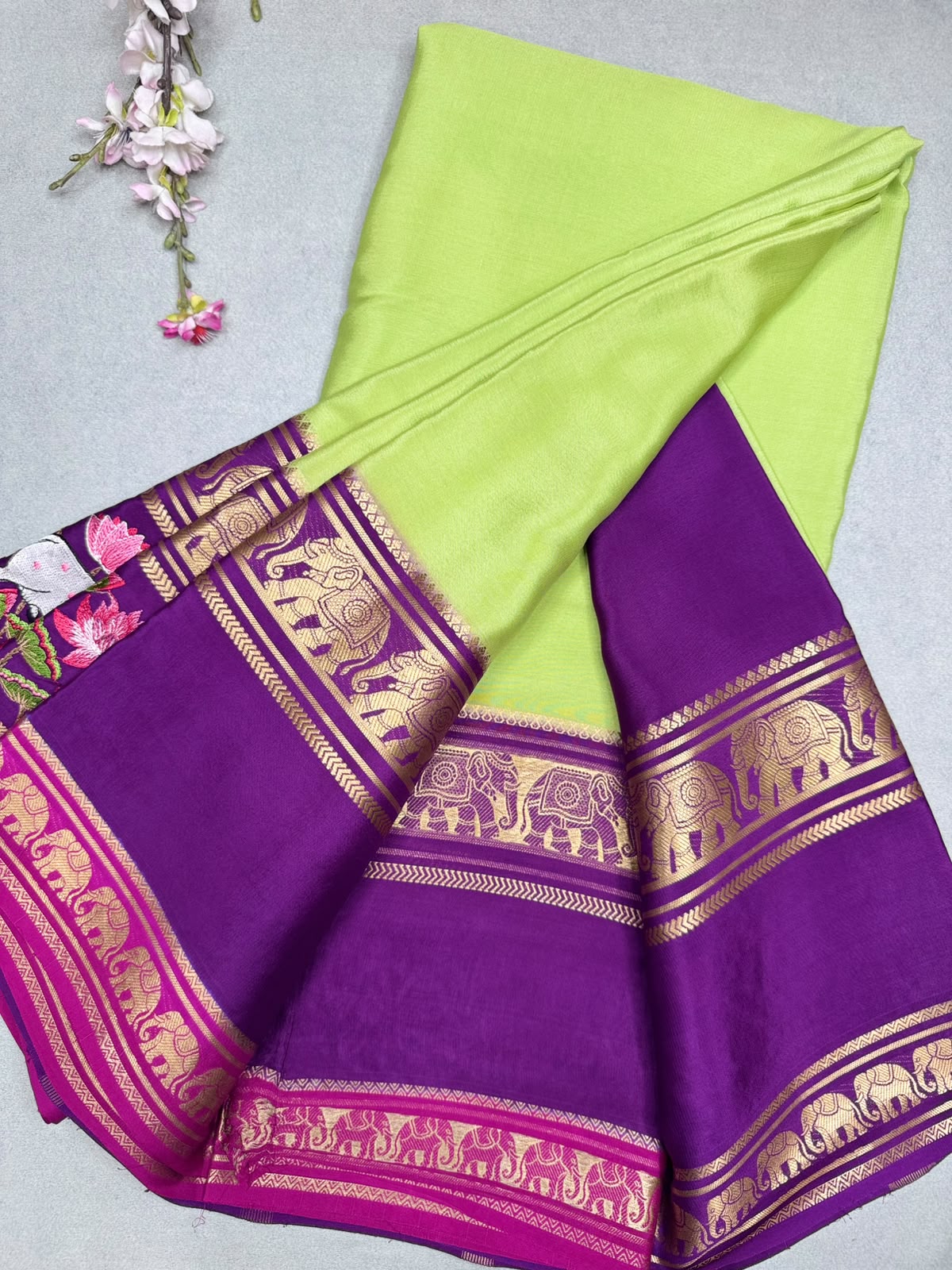 Green Embroidery Border Pure Mysore Crepe Silk Saree 110