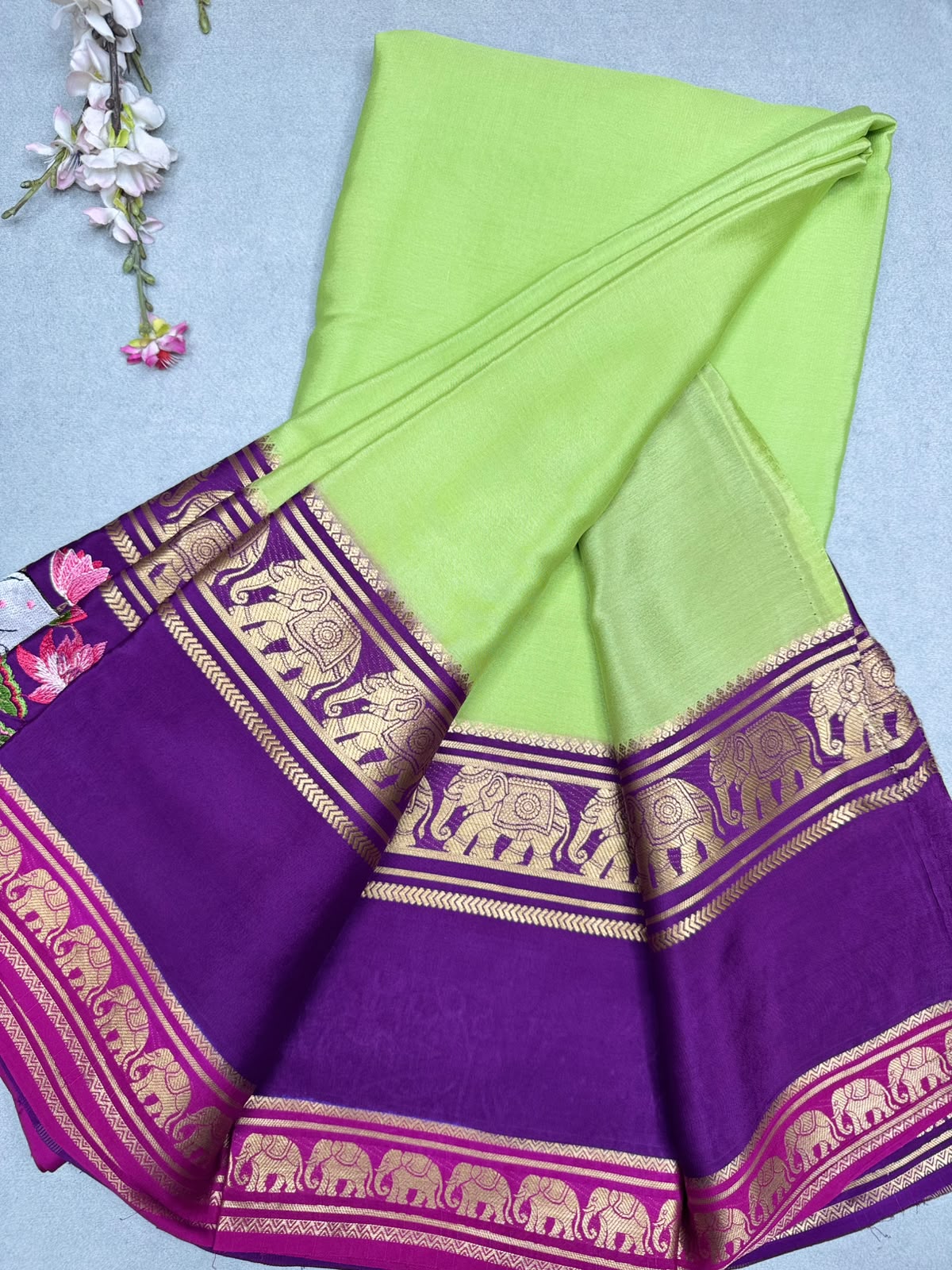 Green Embroidery Border Pure Mysore Crepe Silk Saree 110