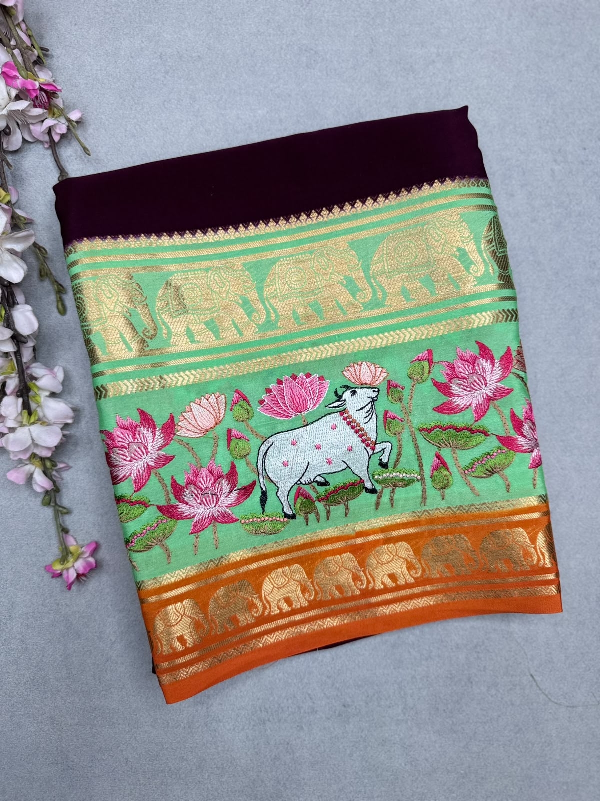 Maroon Embroidery Border Pure Mysore Crepe Silk Saree 110