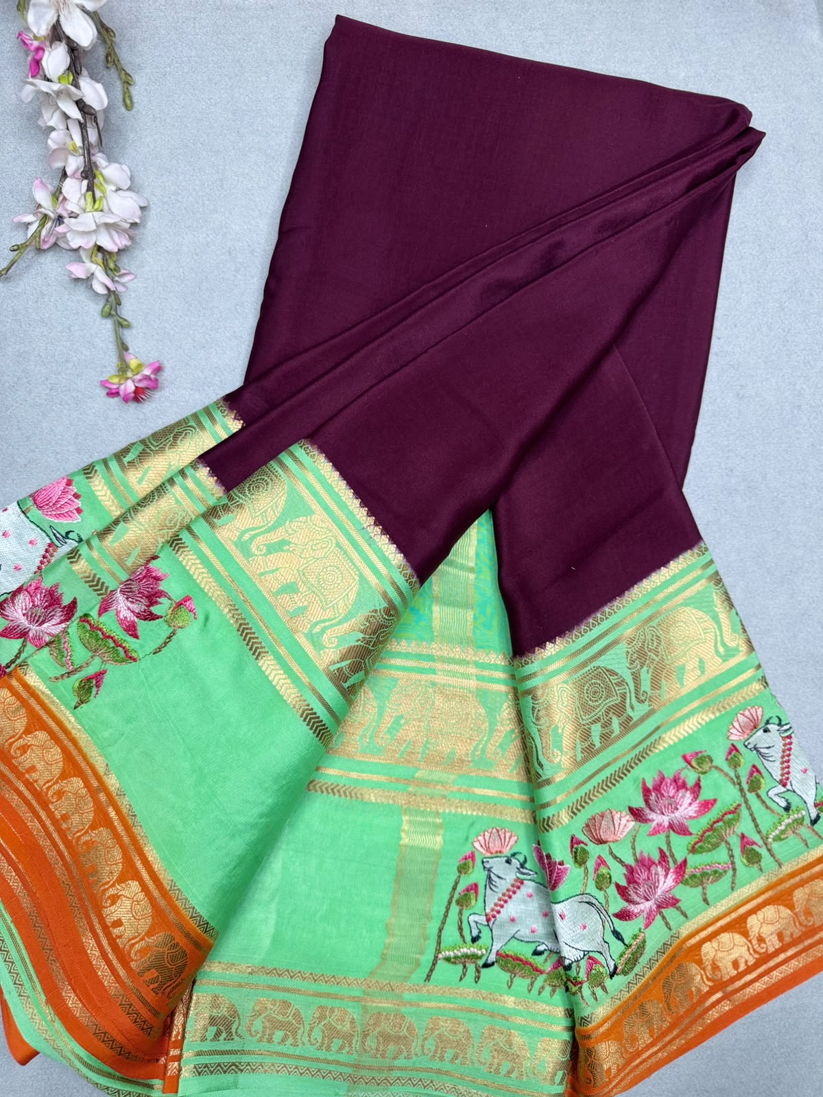 Maroon Embroidery Border Pure Mysore Crepe Silk Saree 110