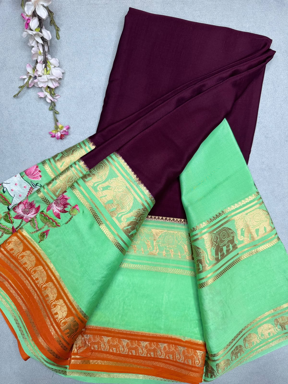 Maroon Embroidery Border Pure Mysore Crepe Silk Saree 110