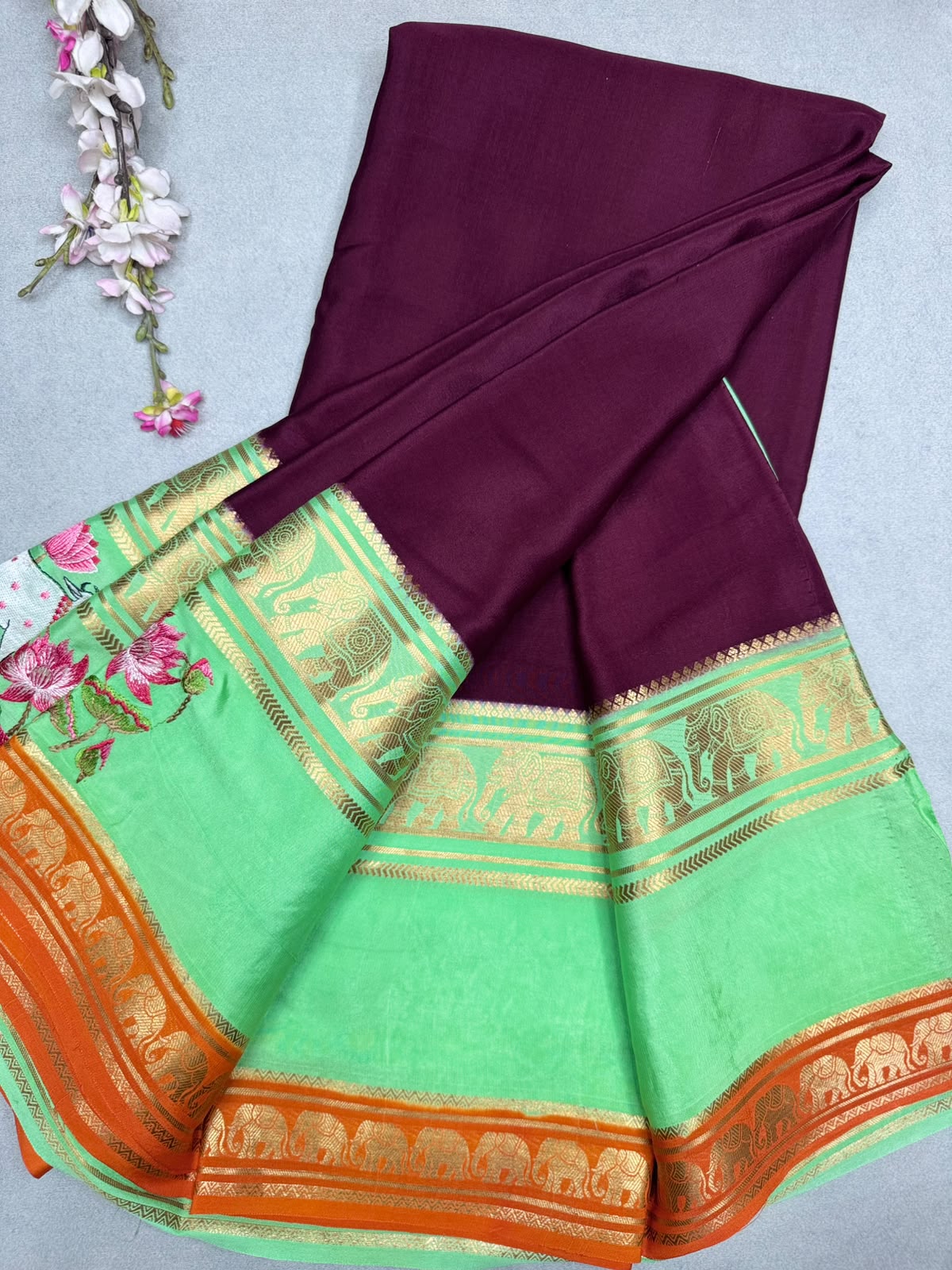 Maroon Embroidery Border Pure Mysore Crepe Silk Saree 110