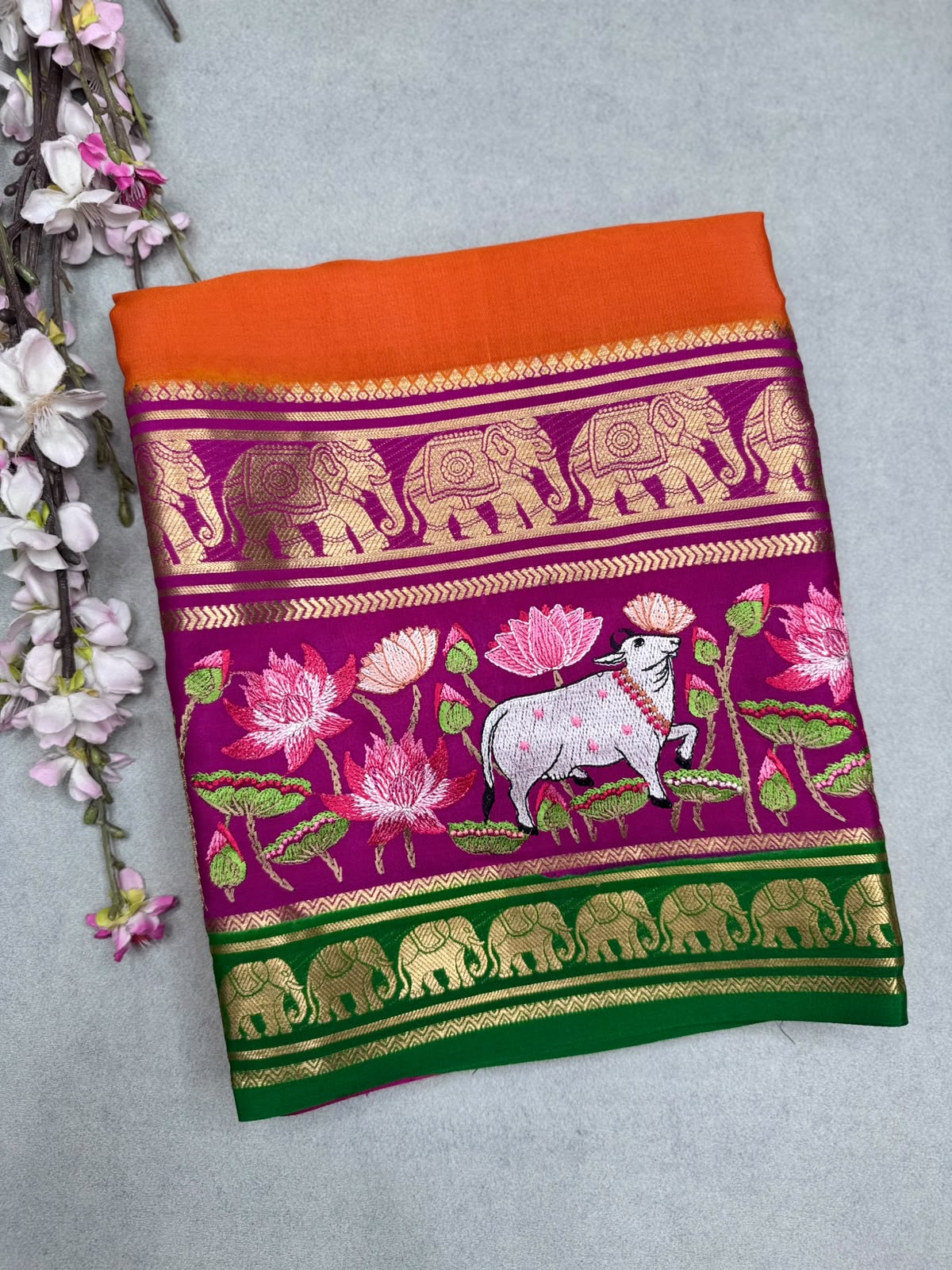 Orange Embroidery Border Pure Mysore Crepe Silk Saree 110